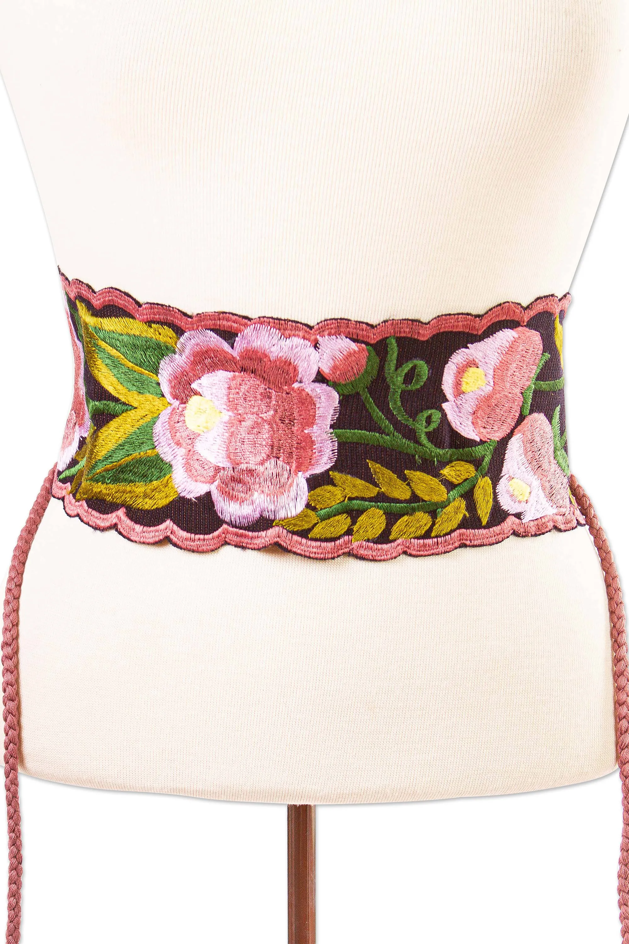 Broad Cotton Hand Woven Wrap Belt with Flowers Chiapas - Flower Wrap | NOVICA