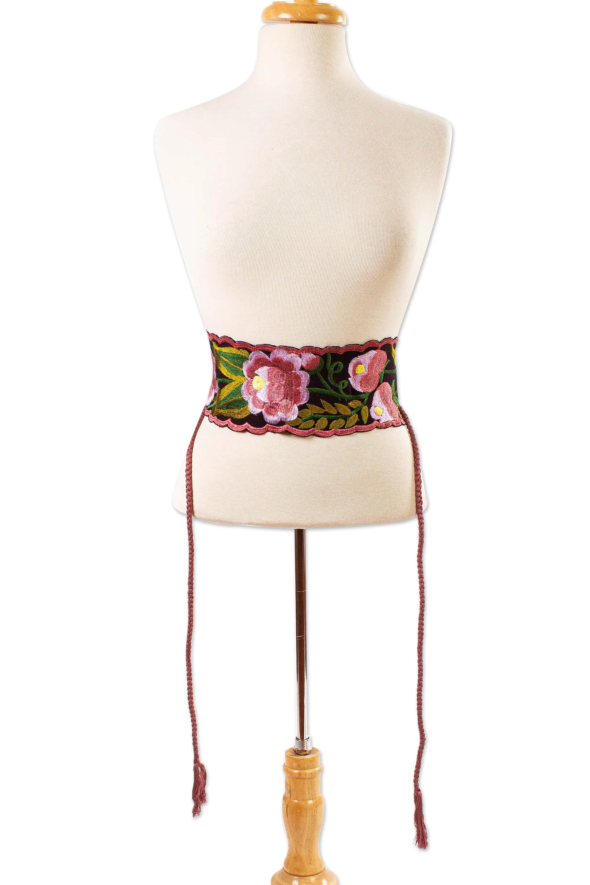 Broad Cotton Hand Woven Wrap Belt with Flowers Chiapas - Flower Wrap | NOVICA