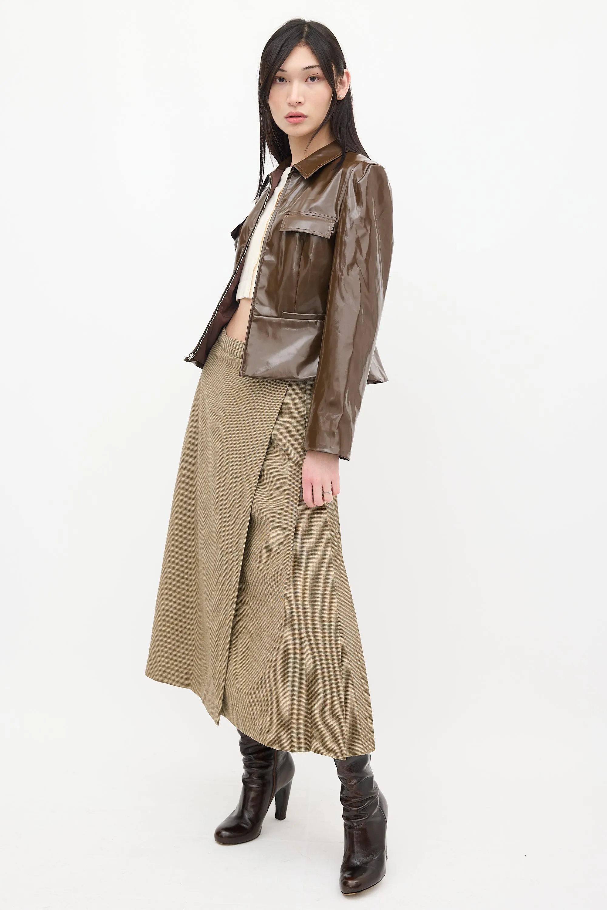 Brown & White Wool Check Wrap Skirt