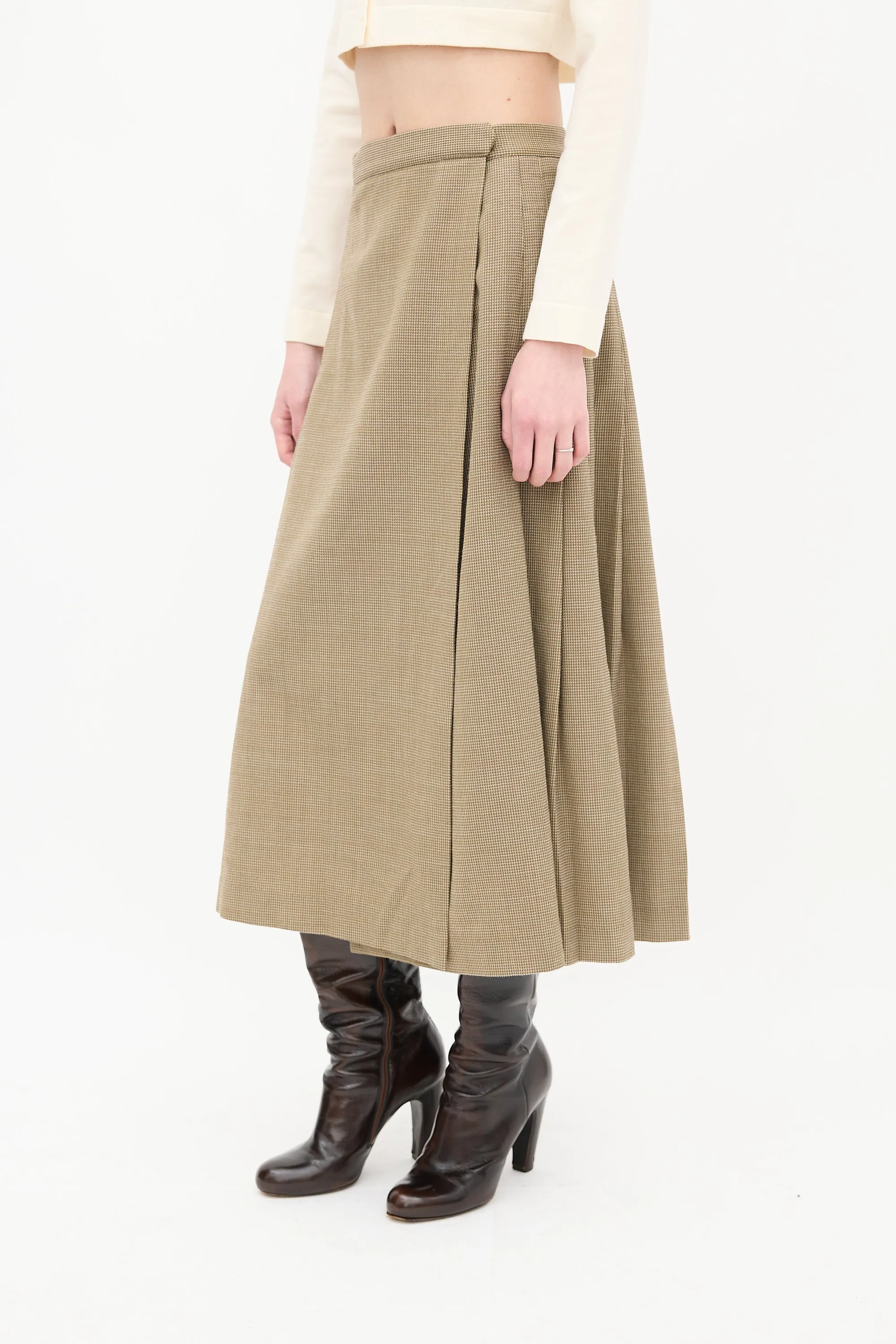 Brown & White Wool Check Wrap Skirt