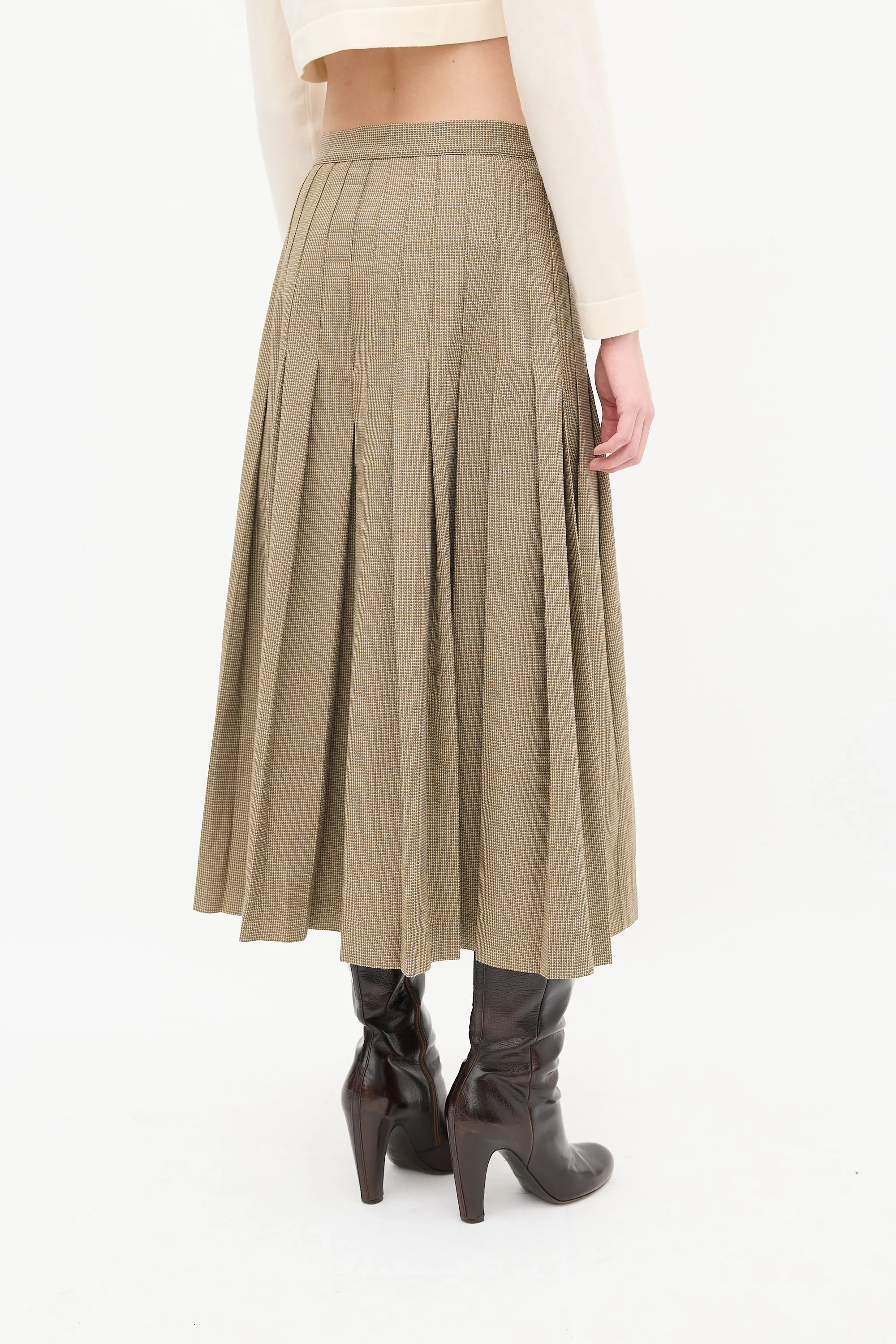 Brown & White Wool Check Wrap Skirt