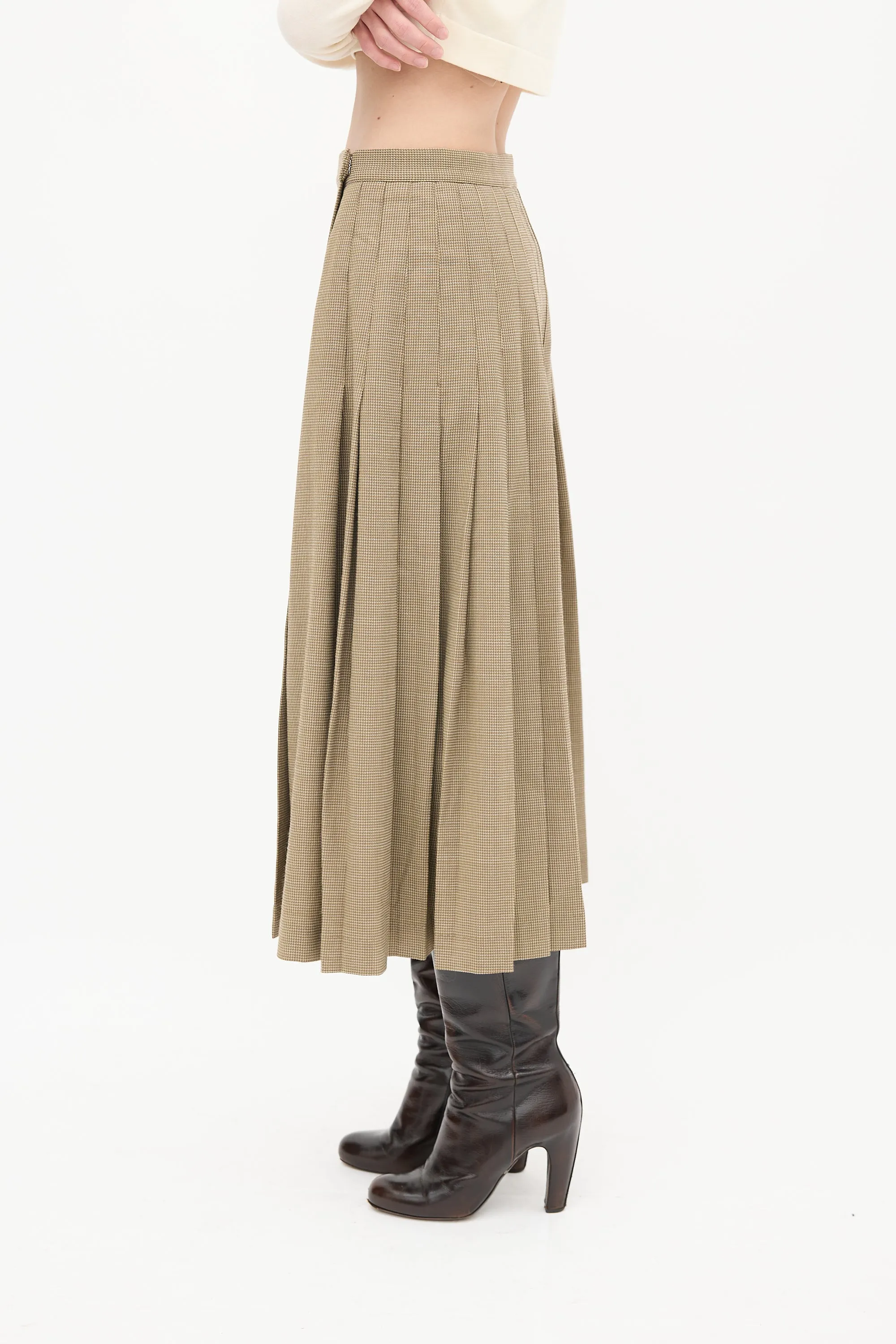 Brown & White Wool Check Wrap Skirt