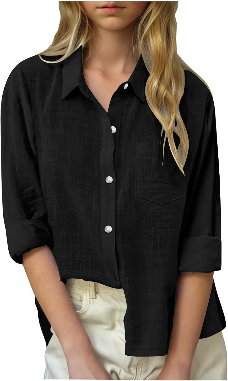 Cotton Linen Shirts for Girls Summer Spring Holiday Tops Casual Loose Fit Breathable Button Down Roll Up Sleeve Shirt