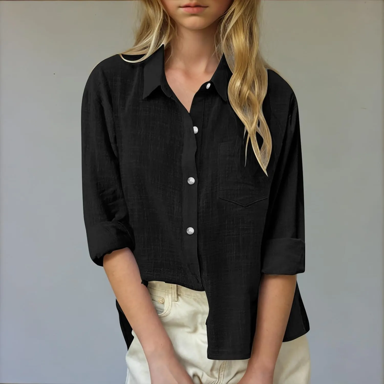 Cotton Linen Shirts for Girls Summer Spring Holiday Tops Casual Loose Fit Breathable Button Down Roll Up Sleeve Shirt