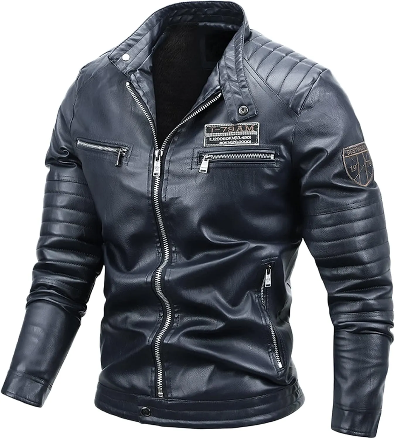 Fleece Lined Faux Leather Jackets for Men Full Zip Jacket with Stand Up Collar Slim Fit VSlim Fit Motorcycle Jacket