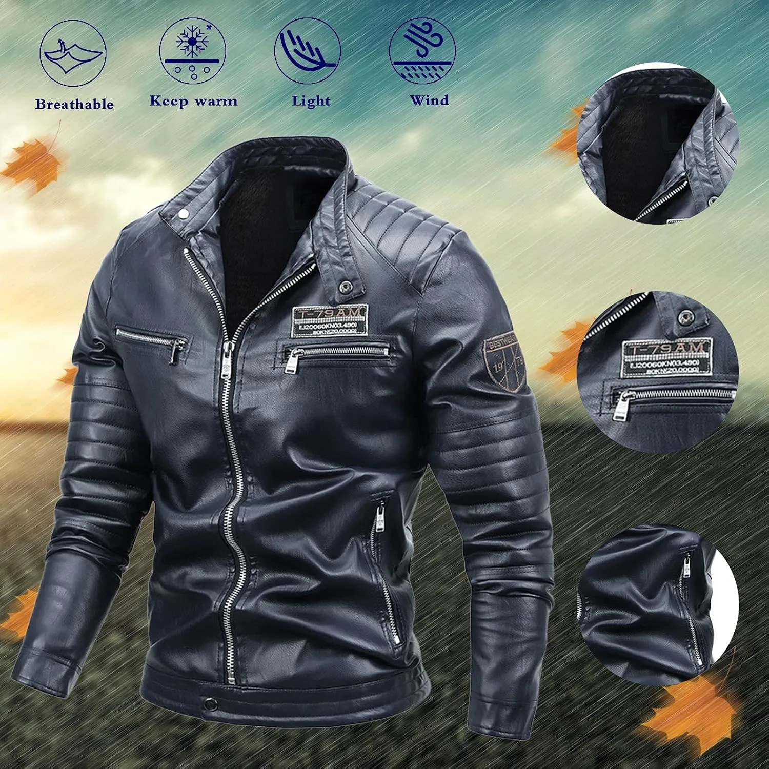 Fleece Lined Faux Leather Jackets for Men Full Zip Jacket with Stand Up Collar Slim Fit VSlim Fit Motorcycle Jacket