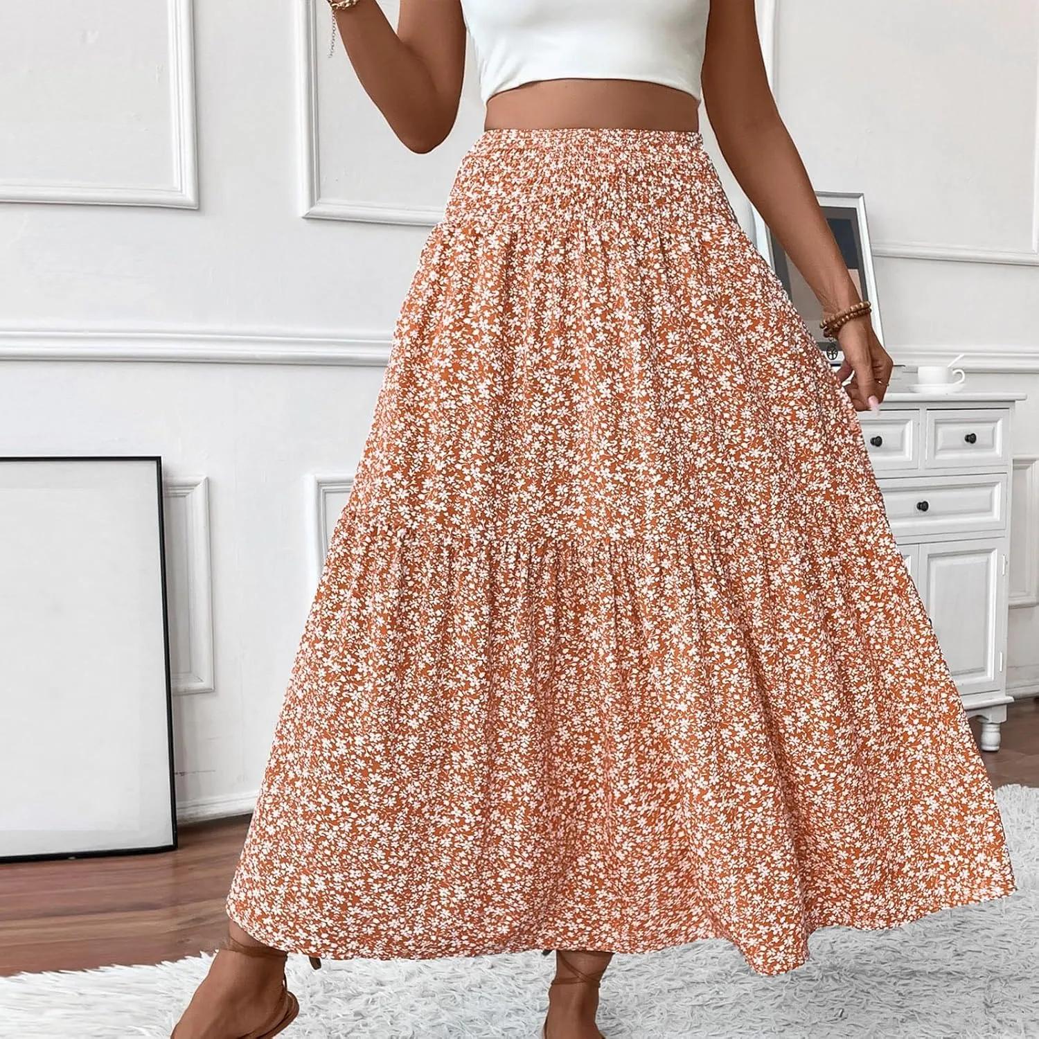 Floral Maxi Skirt for Women Summer Elastic High Waisted Beach Vacation Skirts Flowy Splicing A-Line Casual Long Skirts