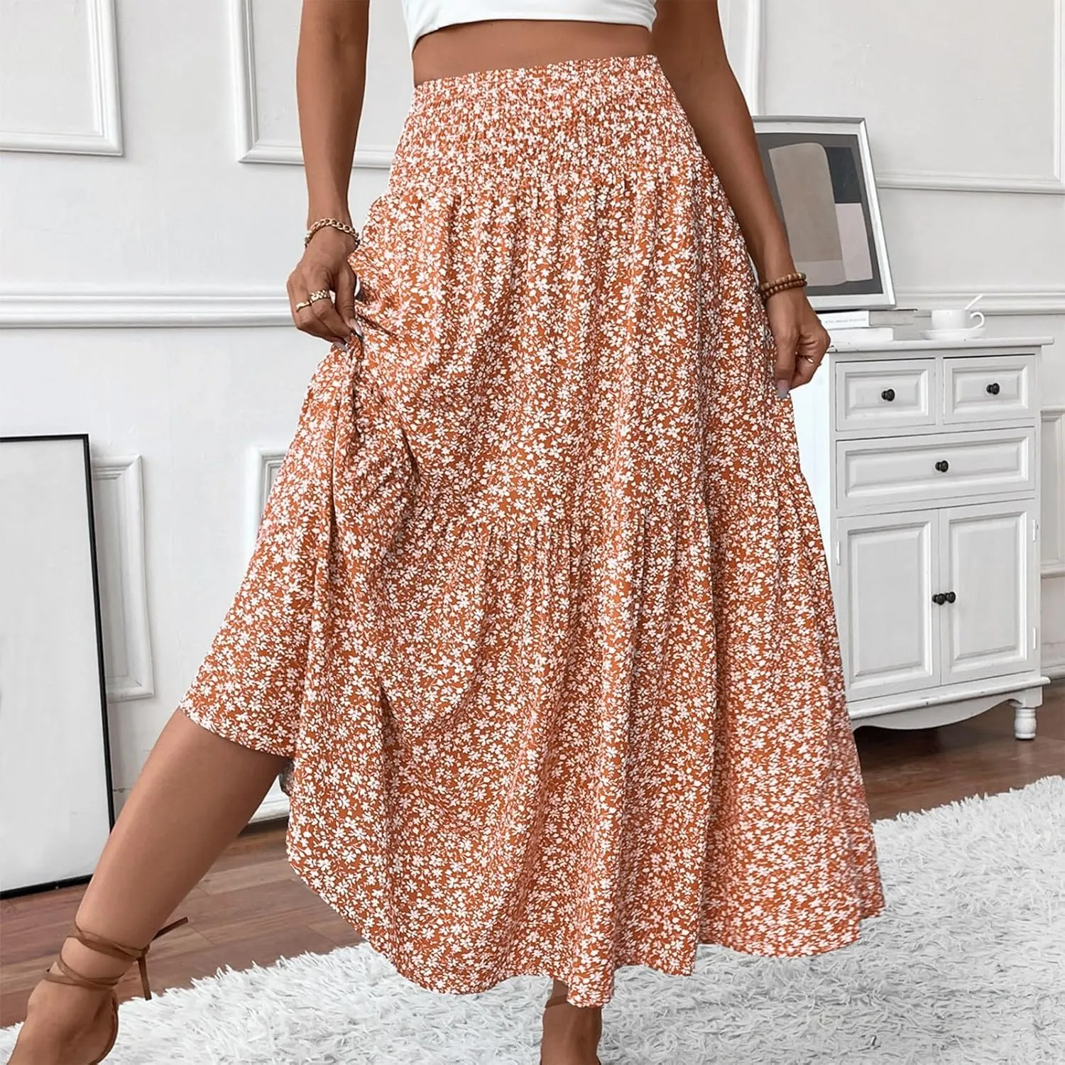 Floral Maxi Skirt for Women Summer Elastic High Waisted Beach Vacation Skirts Flowy Splicing A-Line Casual Long Skirts