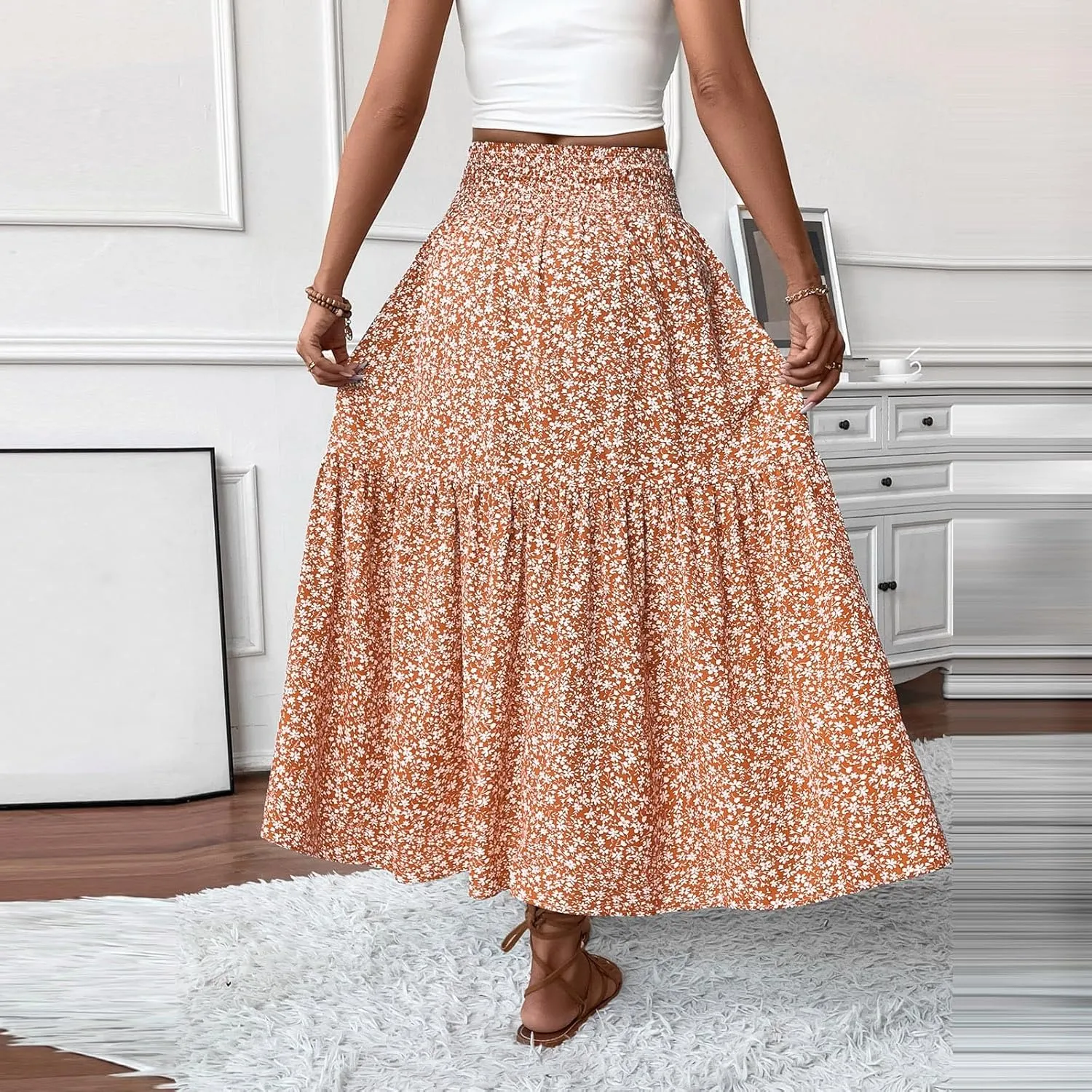 Floral Maxi Skirt for Women Summer Elastic High Waisted Beach Vacation Skirts Flowy Splicing A-Line Casual Long Skirts