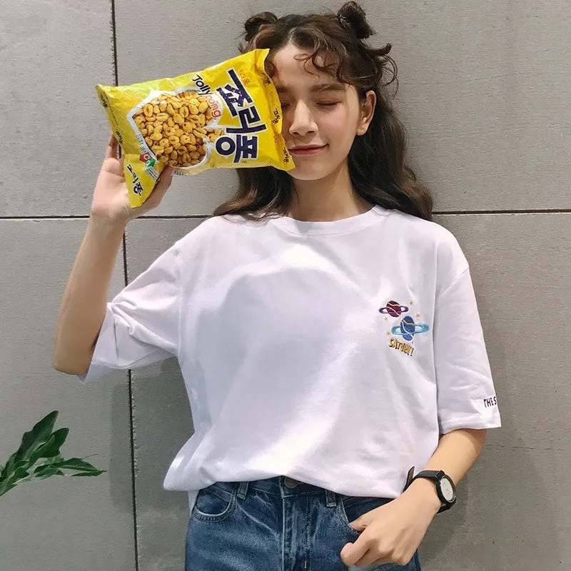 Halajuku Loose Planet Printed T-shirts
