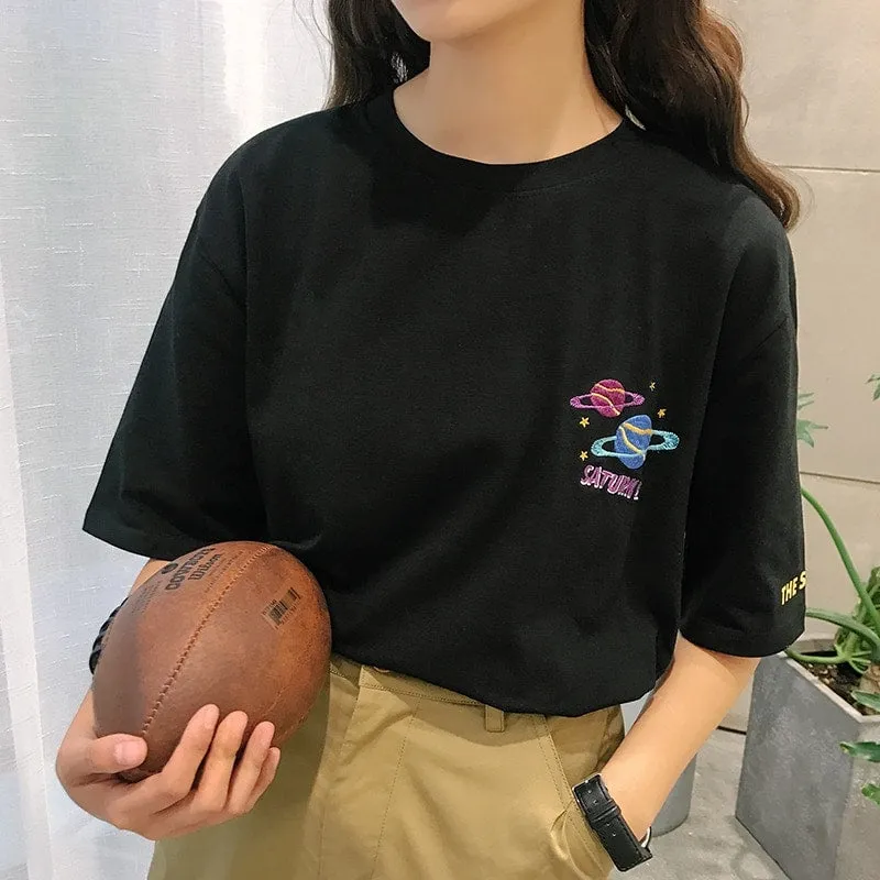 Halajuku Loose Planet Printed T-shirts