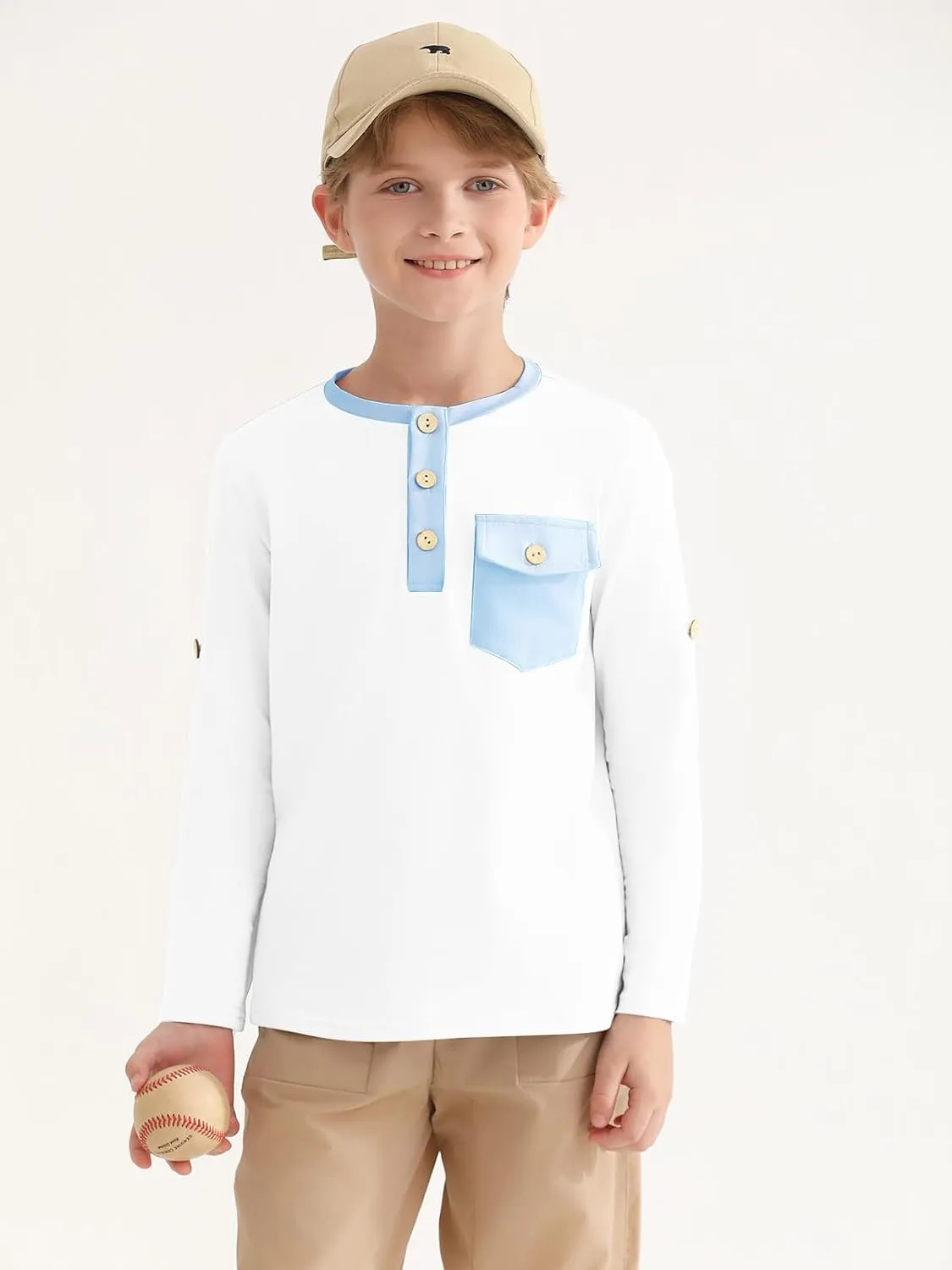 Haloumoning Boys Long Sleeve Shirts Kids Casual Henley Collared T-Shirts Tops Tees 4-14 Years