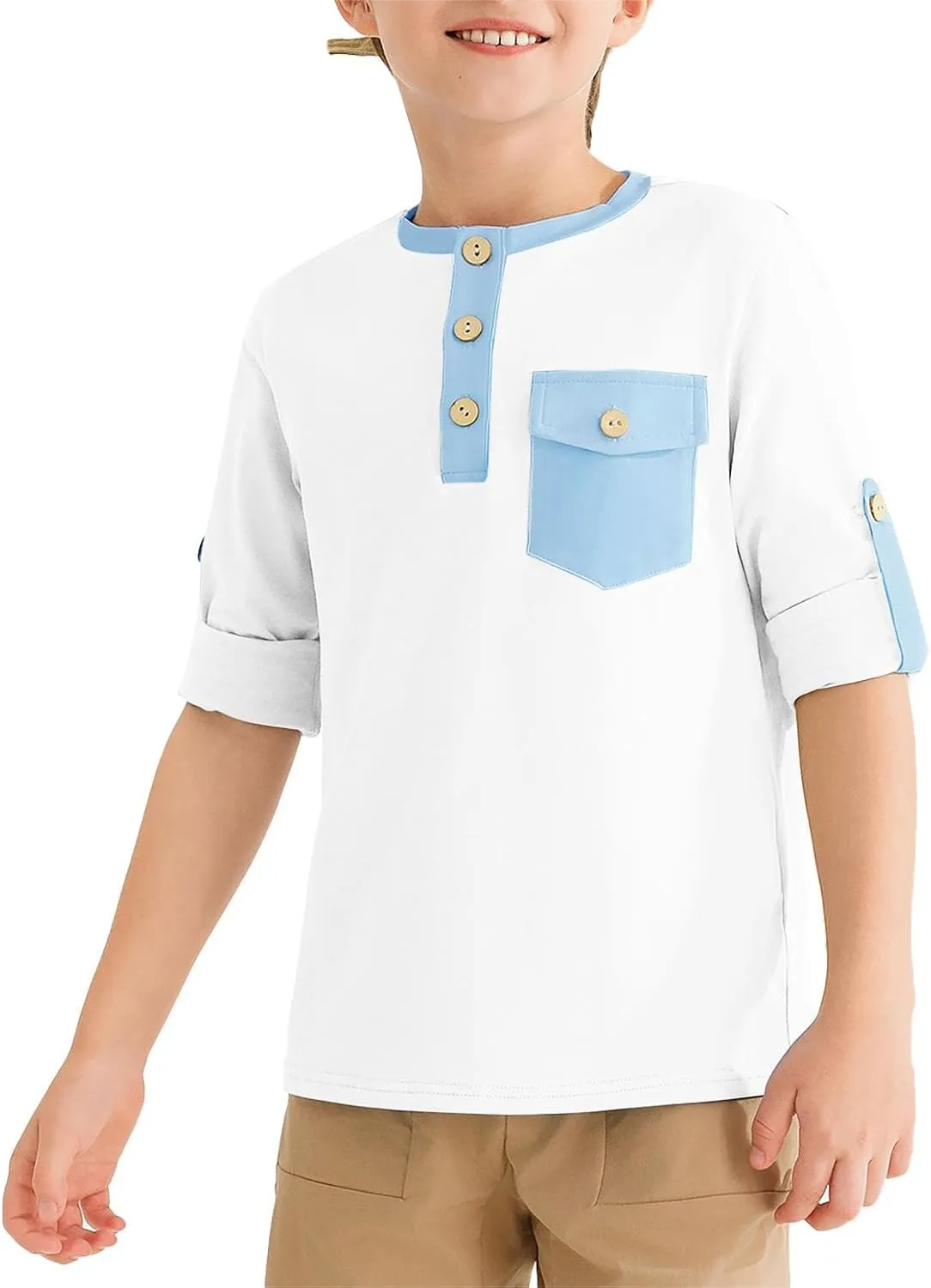 Haloumoning Boys Long Sleeve Shirts Kids Casual Henley Collared T-Shirts Tops Tees 4-14 Years