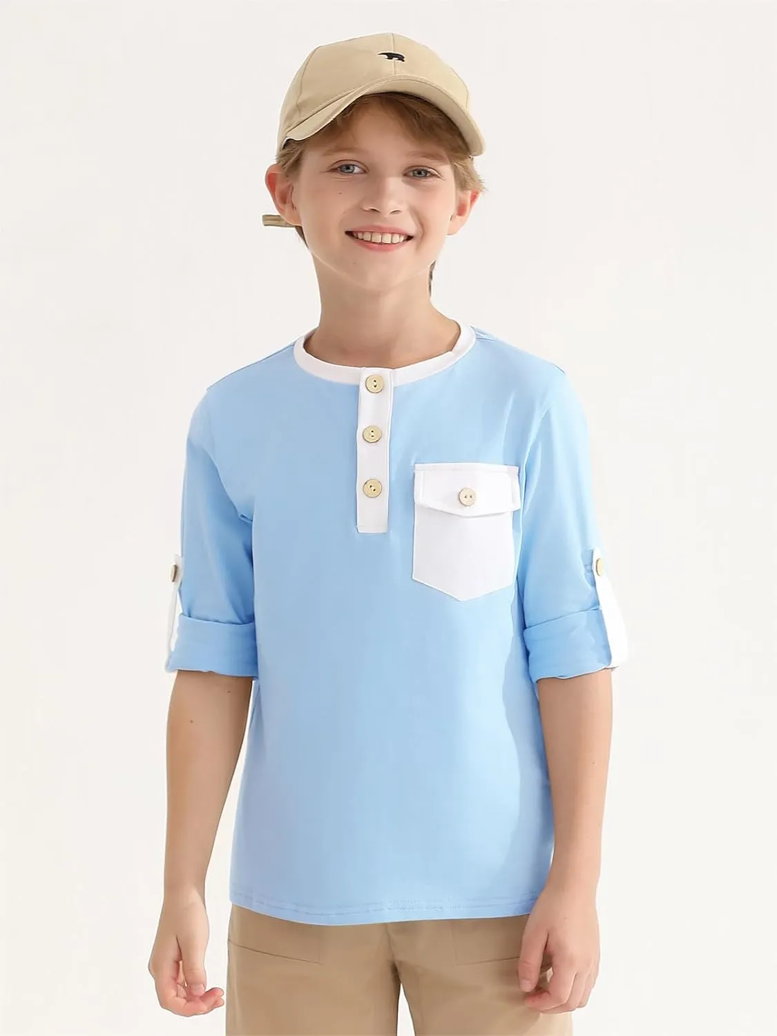 Haloumoning Boys Long Sleeve Shirts Kids Casual Henley Collared T-Shirts Tops Tees 4-14 Years