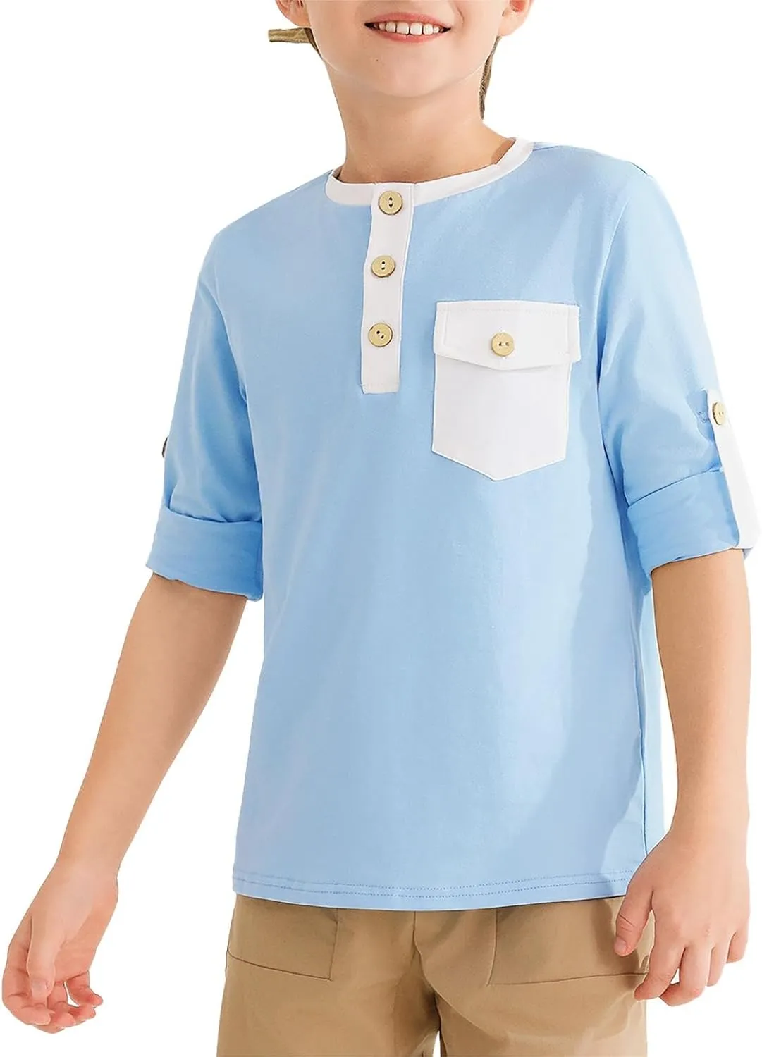 Haloumoning Boys Long Sleeve Shirts Kids Casual Henley Collared T-Shirts Tops Tees 4-14 Years