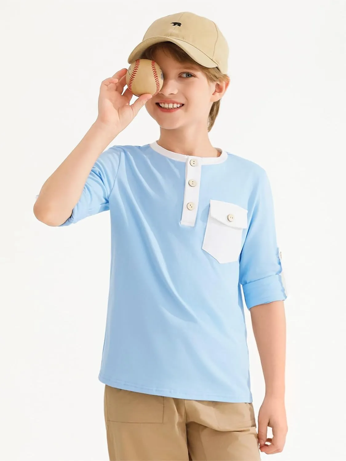 Haloumoning Boys Long Sleeve Shirts Kids Casual Henley Collared T-Shirts Tops Tees 4-14 Years