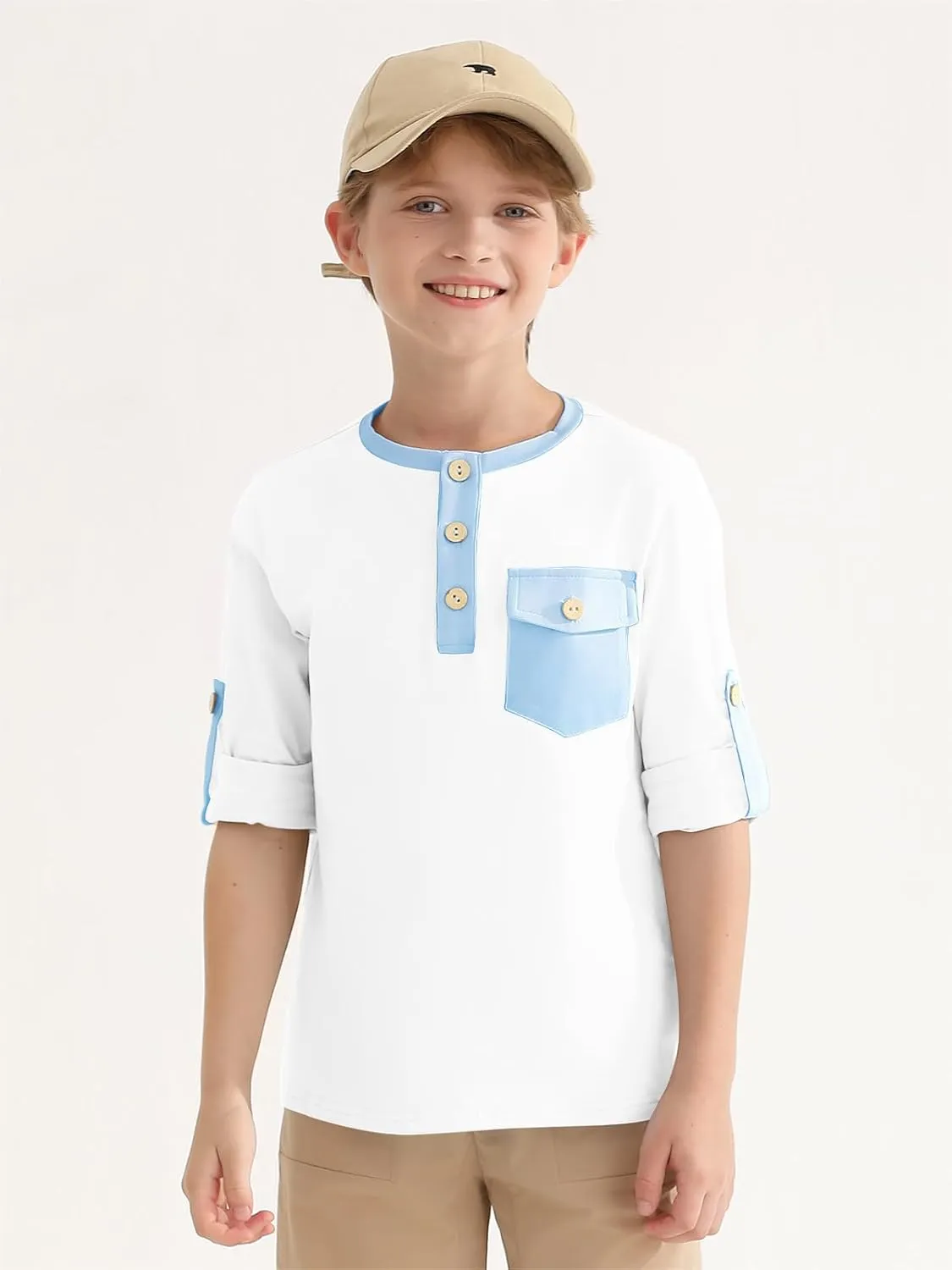 Haloumoning Boys Long Sleeve Shirts Kids Casual Henley Collared T-Shirts Tops Tees 4-14 Years