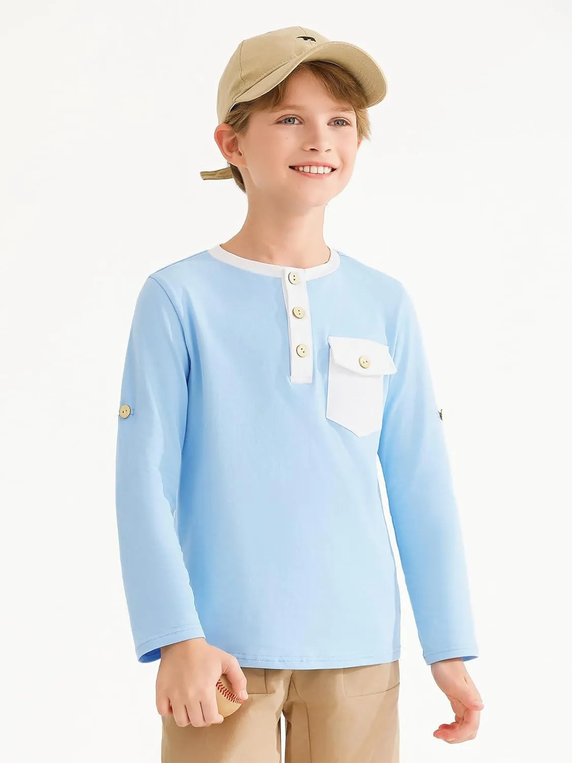Haloumoning Boys Long Sleeve Shirts Kids Casual Henley Collared T-Shirts Tops Tees 4-14 Years