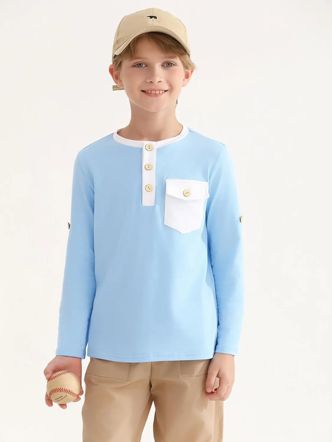 Haloumoning Boys Long Sleeve Shirts Kids Casual Henley Collared T-Shirts Tops Tees 4-14 Years