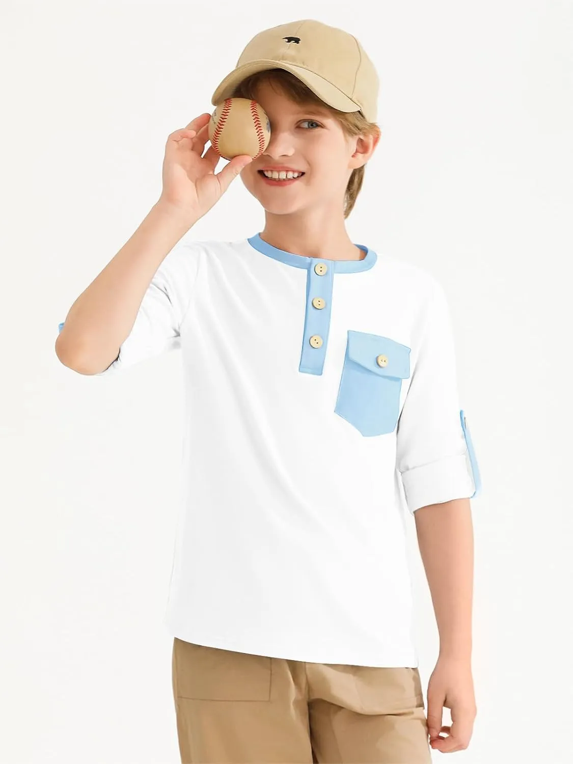 Haloumoning Boys Long Sleeve Shirts Kids Casual Henley Collared T-Shirts Tops Tees 4-14 Years