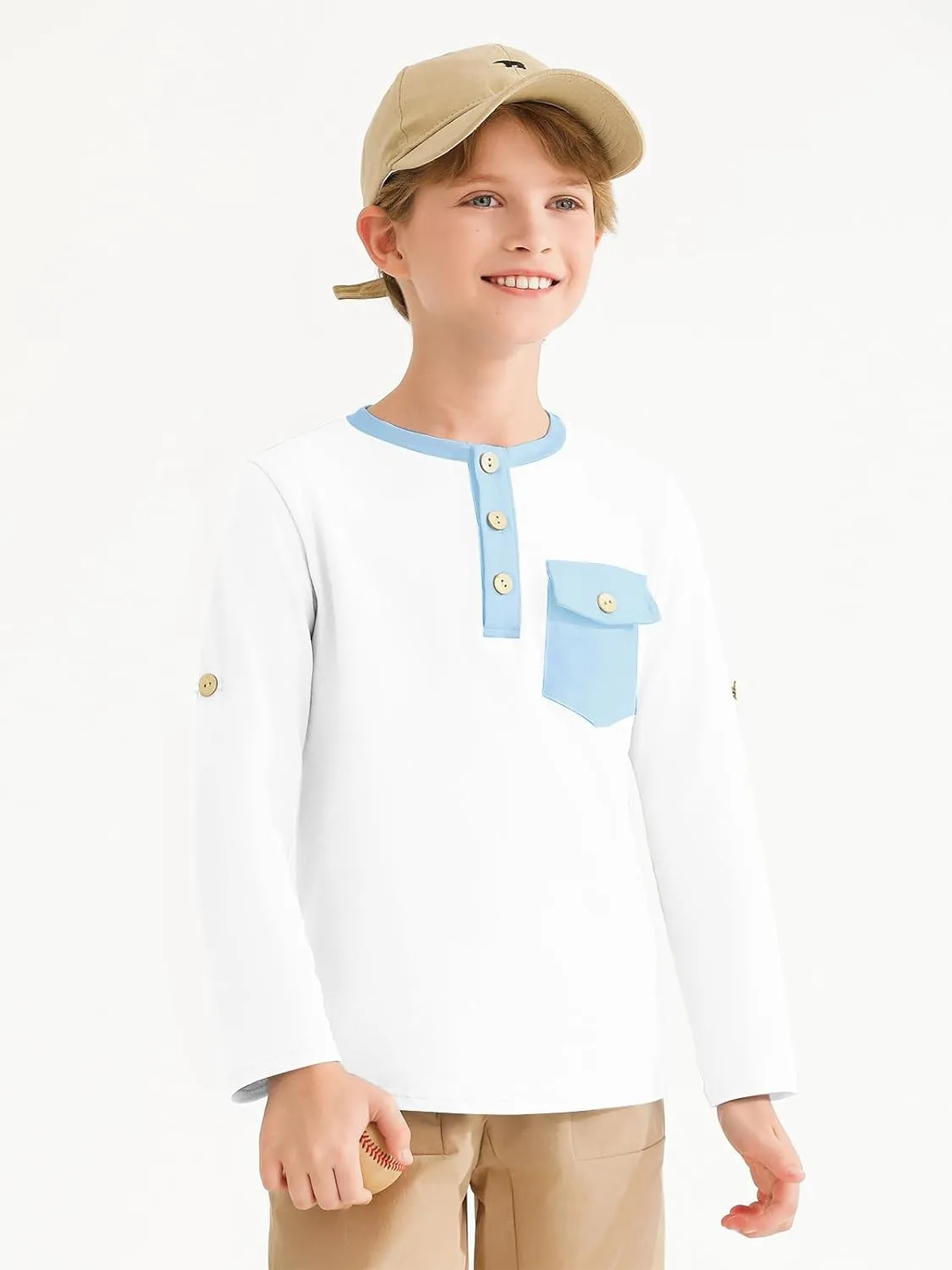 Haloumoning Boys Long Sleeve Shirts Kids Casual Henley Collared T-Shirts Tops Tees 4-14 Years
