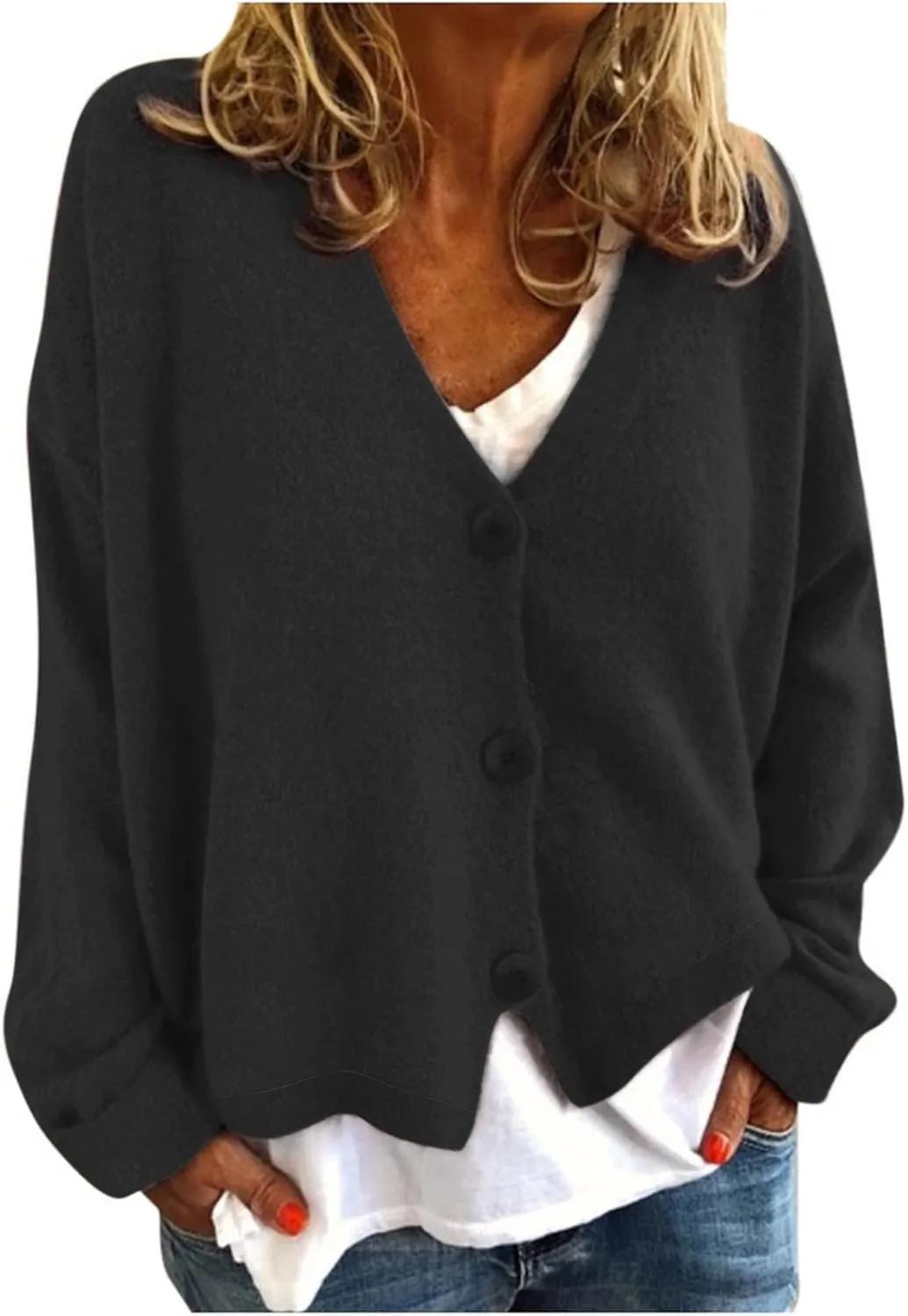 iLH Women's 2024 Fall Open Front Cardigan Loose Chunky Knitted Sweater V Neck Button Down Solid Casual Outwear Coats