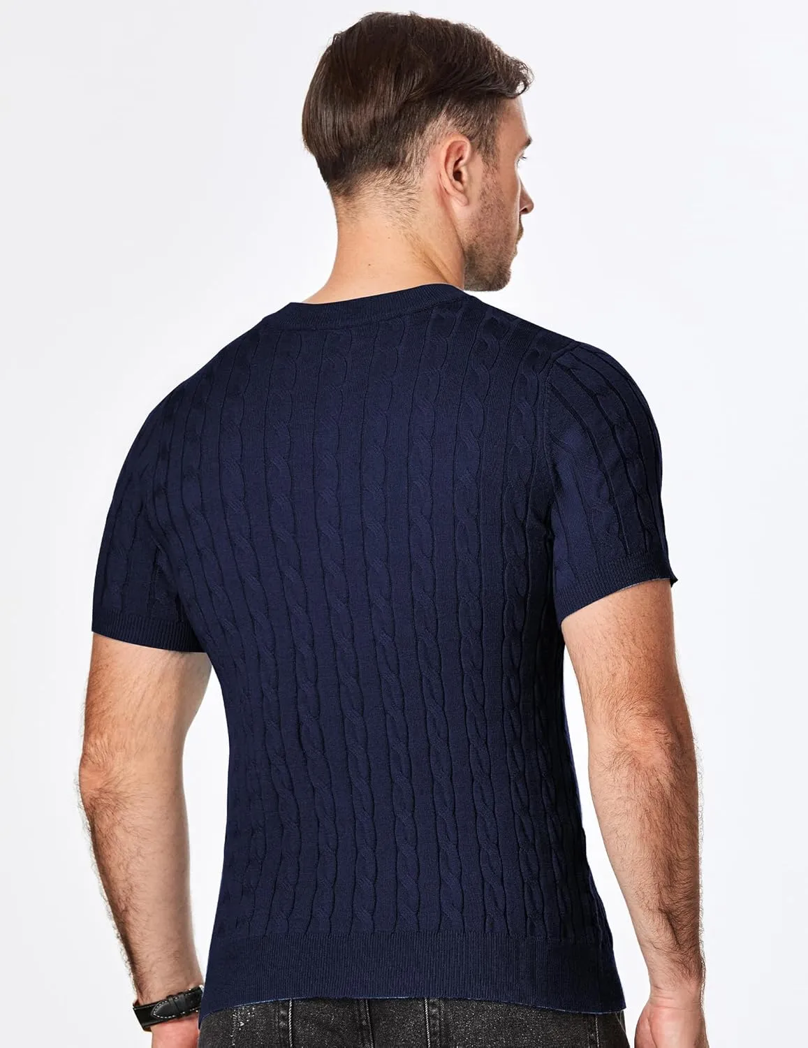 JMIERR Men's Knit Henley Shirts Casual Short Sleeve Button T-Shirt Cable Knitted Polo Shirts Golf Shirt