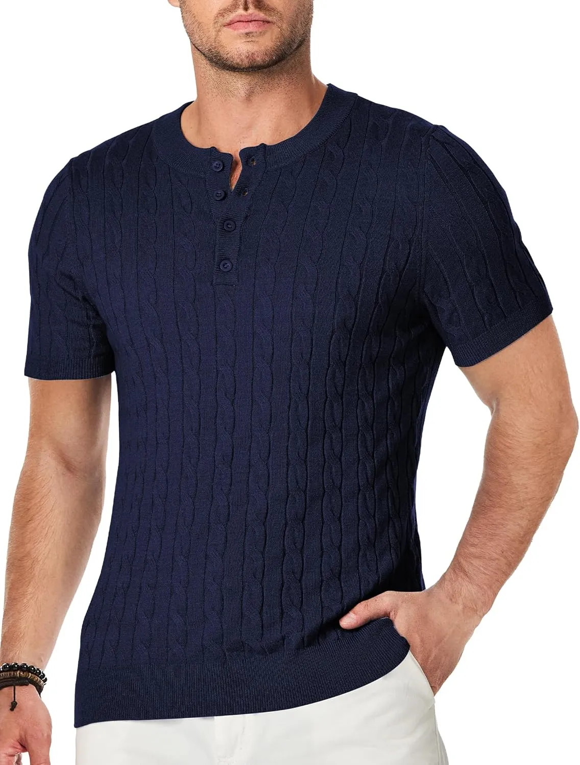 JMIERR Men's Knit Henley Shirts Casual Short Sleeve Button T-Shirt Cable Knitted Polo Shirts Golf Shirt