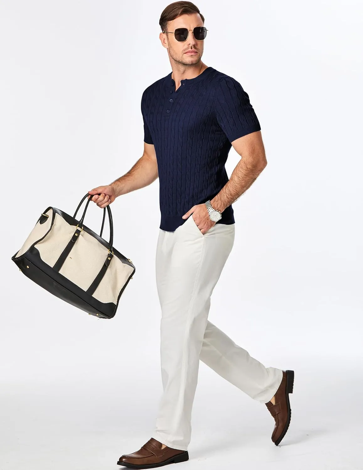 JMIERR Men's Knit Henley Shirts Casual Short Sleeve Button T-Shirt Cable Knitted Polo Shirts Golf Shirt