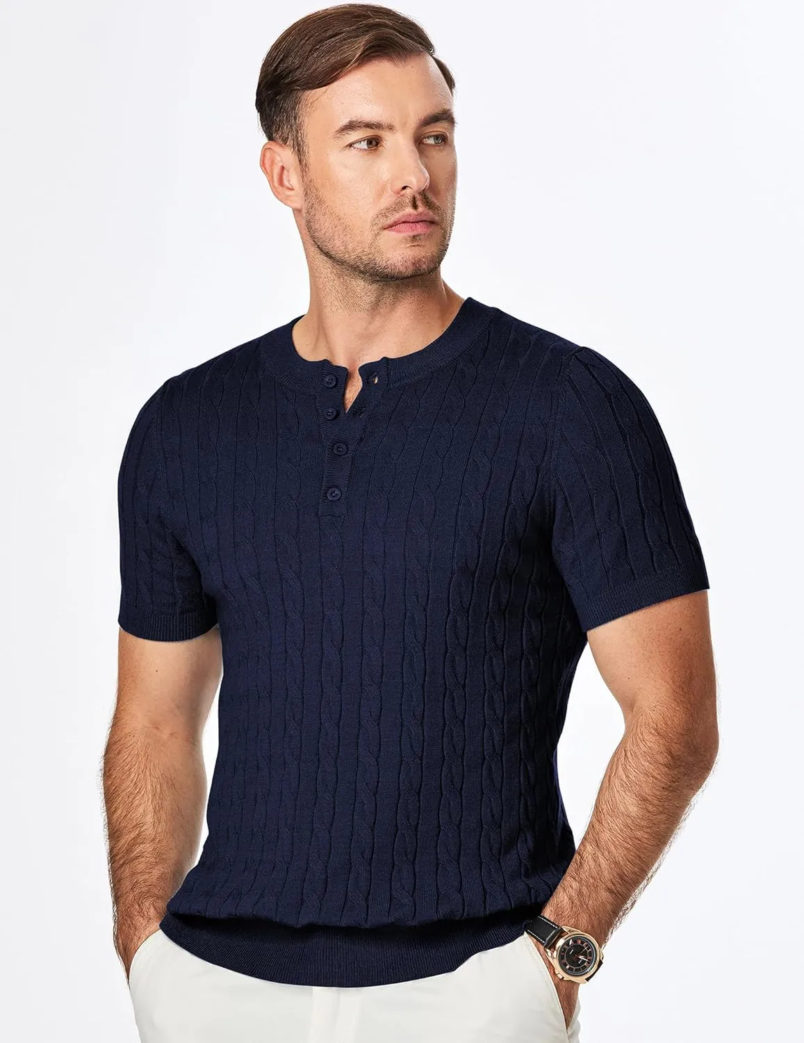 JMIERR Men's Knit Henley Shirts Casual Short Sleeve Button T-Shirt Cable Knitted Polo Shirts Golf Shirt