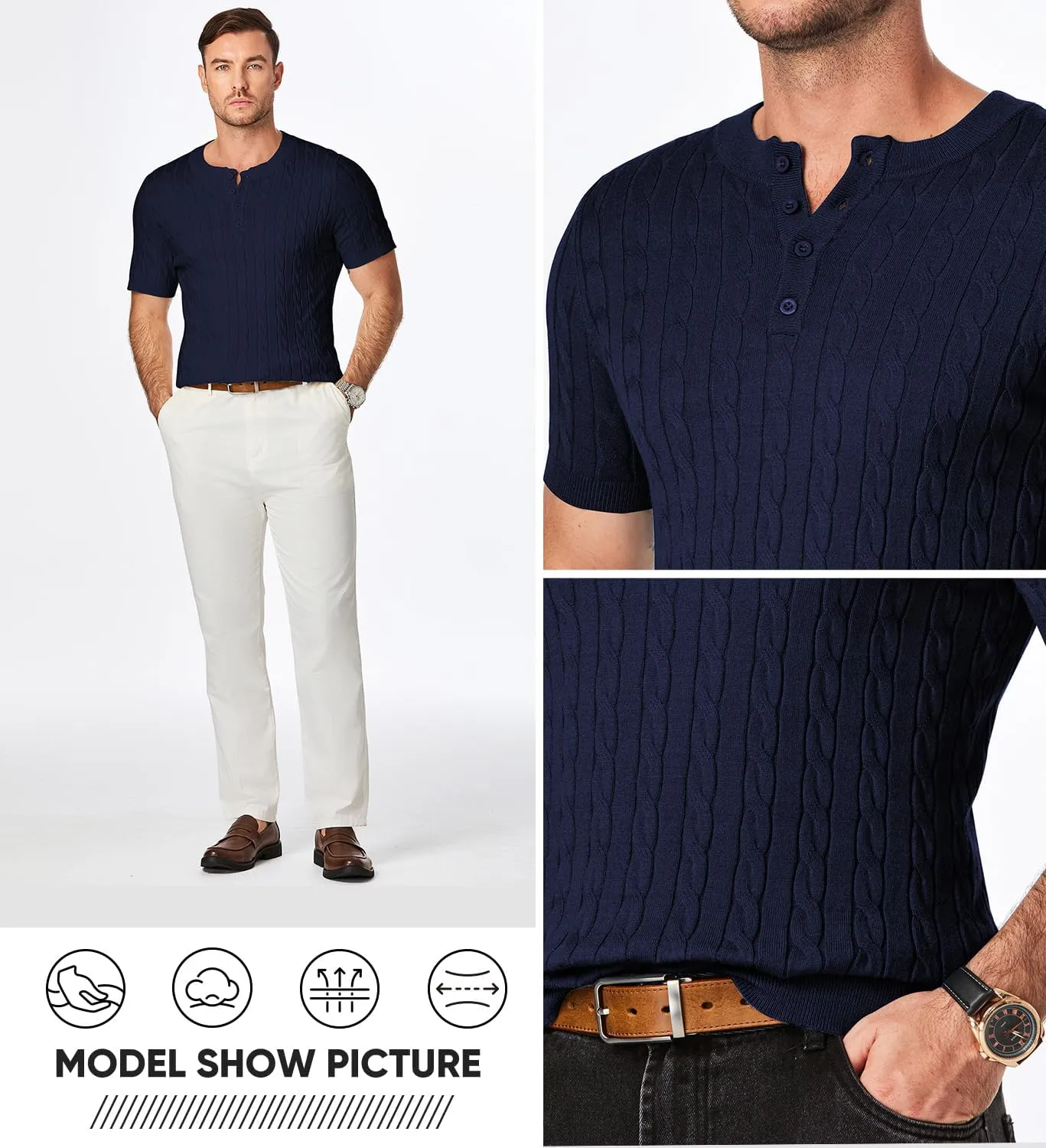 JMIERR Men's Knit Henley Shirts Casual Short Sleeve Button T-Shirt Cable Knitted Polo Shirts Golf Shirt