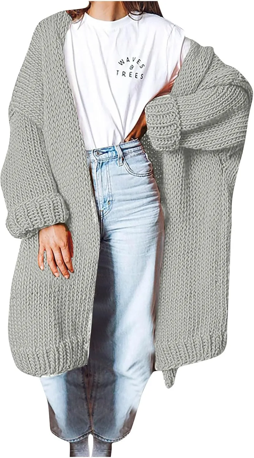 JOAU Women's Long Sleeve Chunky Knit Open Front Sweater Cardigan Loose Fit Lapel Outerwear Fall Winter Casual Long Coat Top