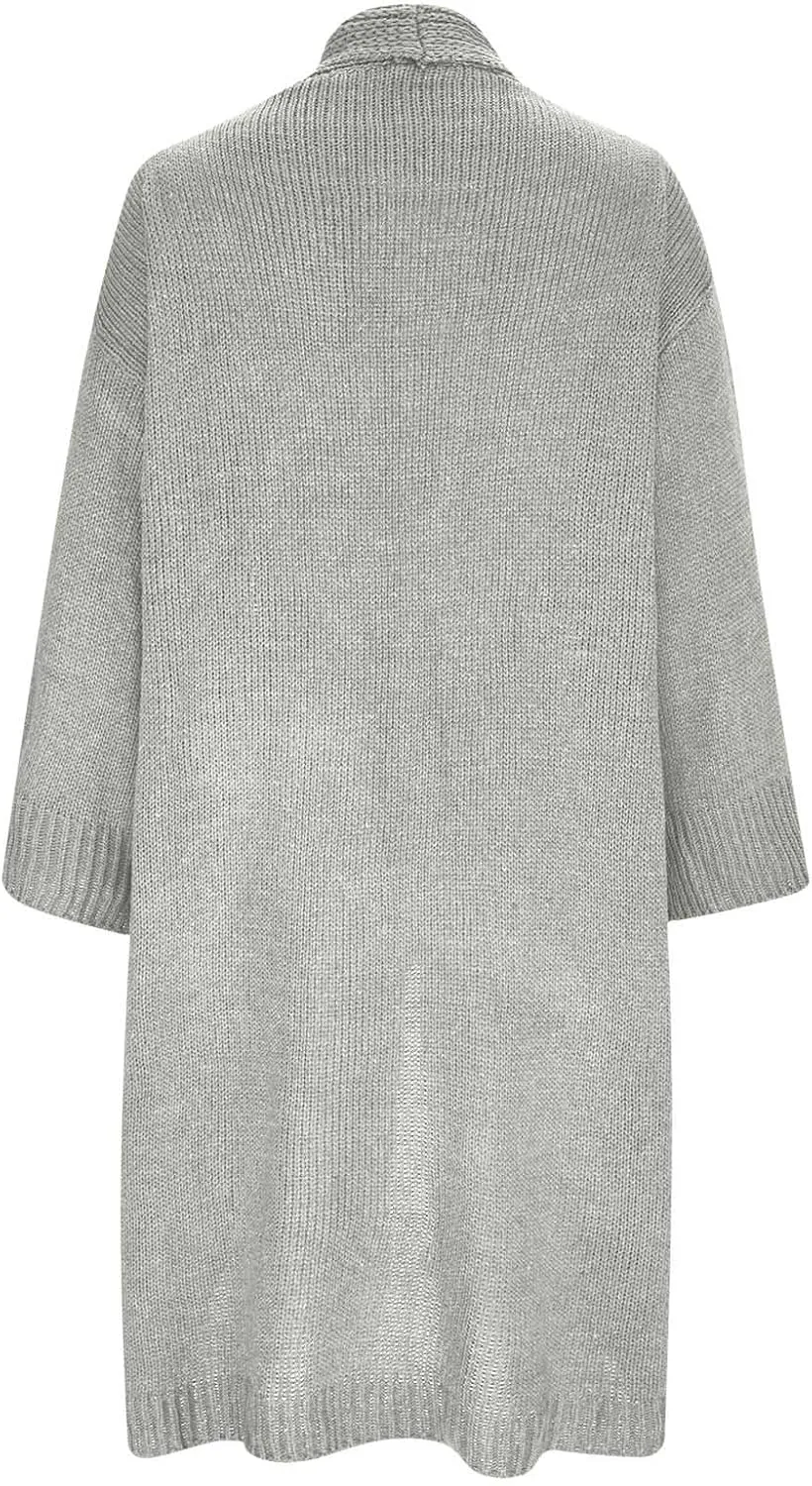 JOAU Women's Long Sleeve Chunky Knit Open Front Sweater Cardigan Loose Fit Lapel Outerwear Fall Winter Casual Long Coat Top
