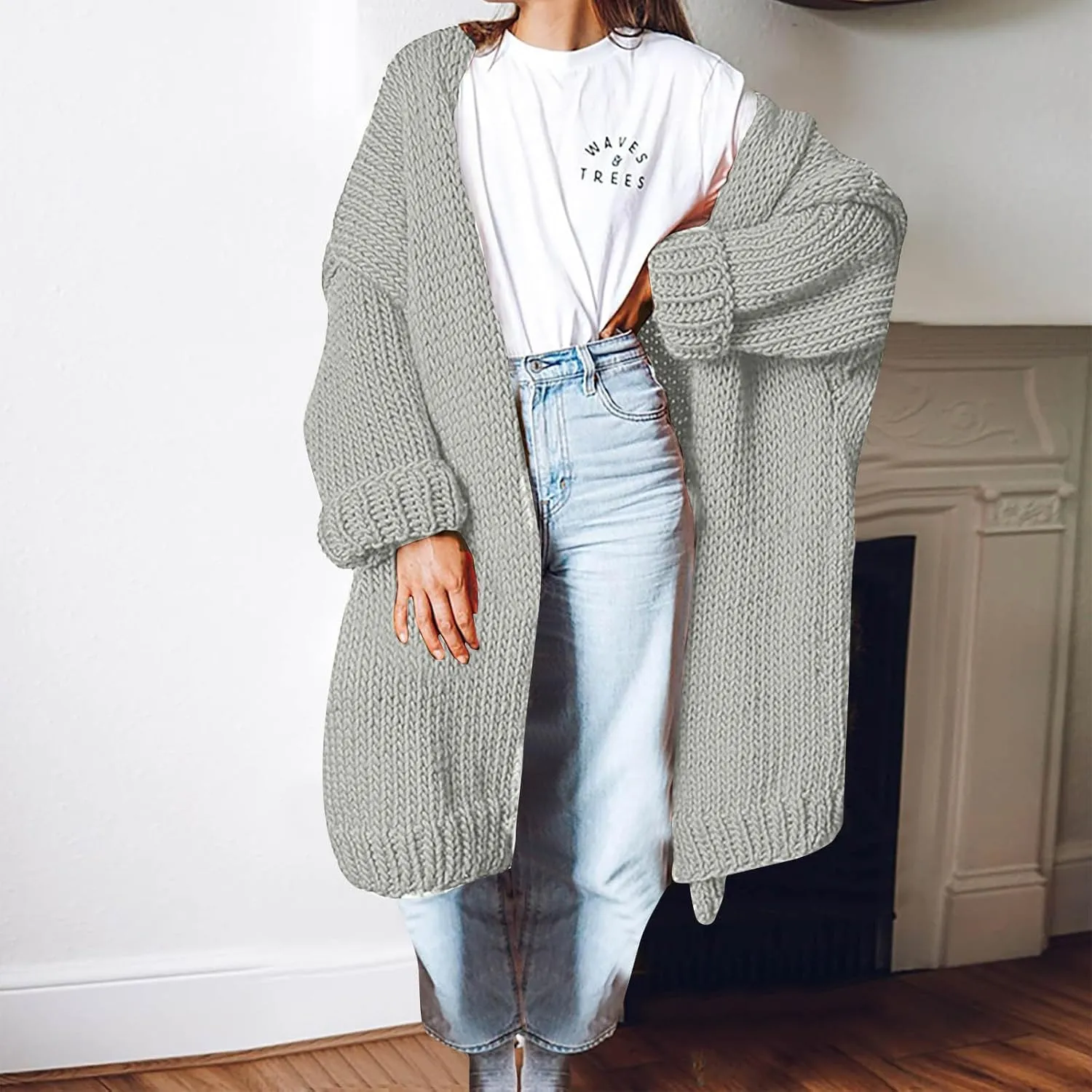 JOAU Women's Long Sleeve Chunky Knit Open Front Sweater Cardigan Loose Fit Lapel Outerwear Fall Winter Casual Long Coat Top