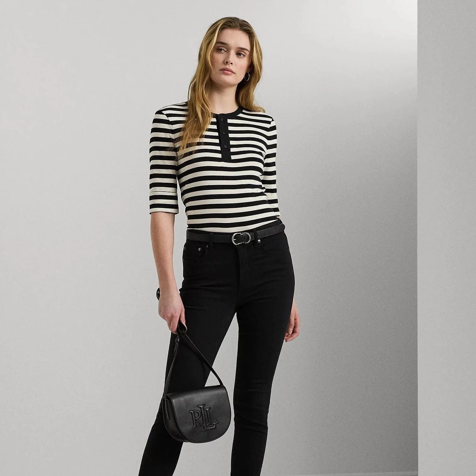 Lauren Ralph Lauren Striped Stretch Cotton Henley Tee In Black/Mascarpone Cream