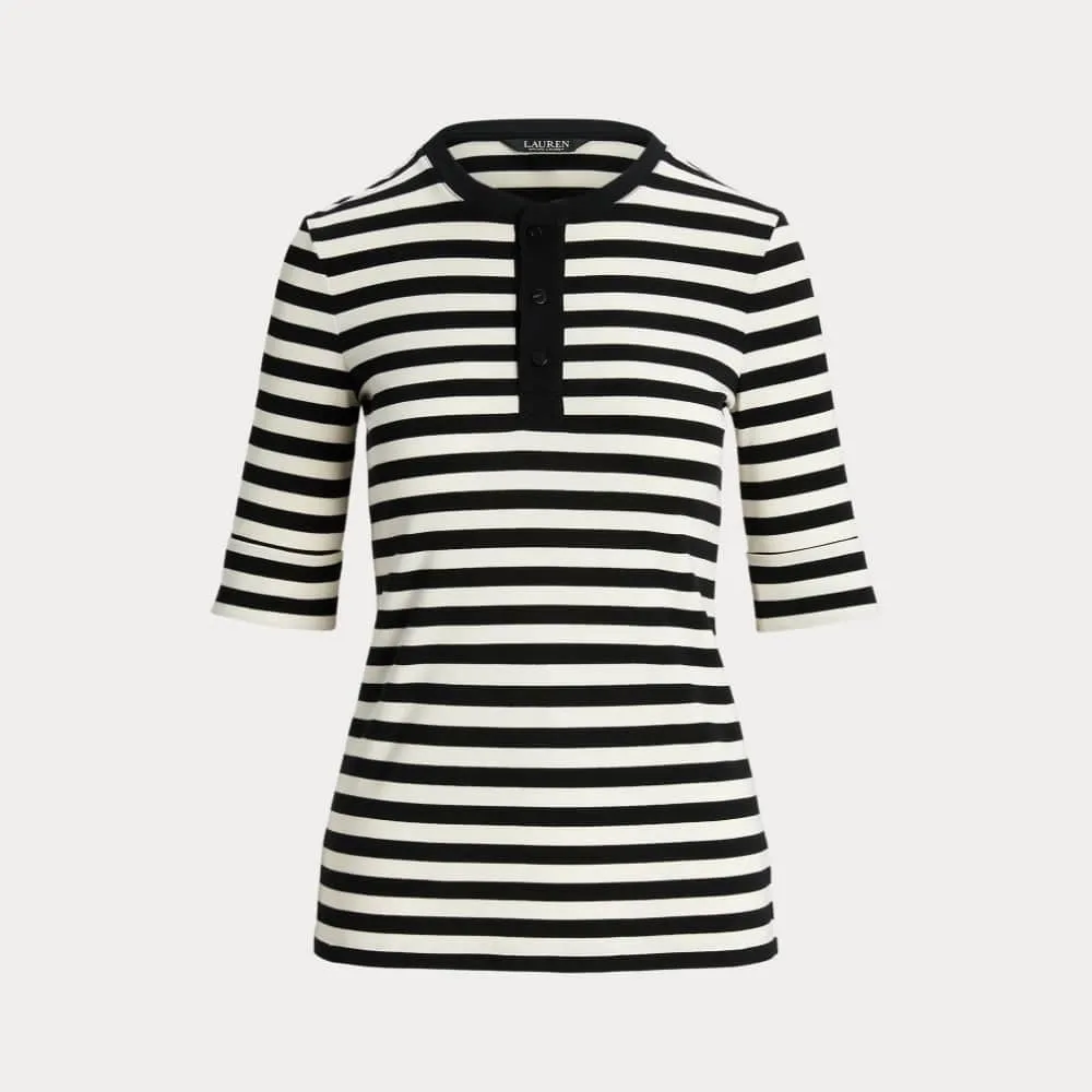 Lauren Ralph Lauren Striped Stretch Cotton Henley Tee In Black/Mascarpone Cream