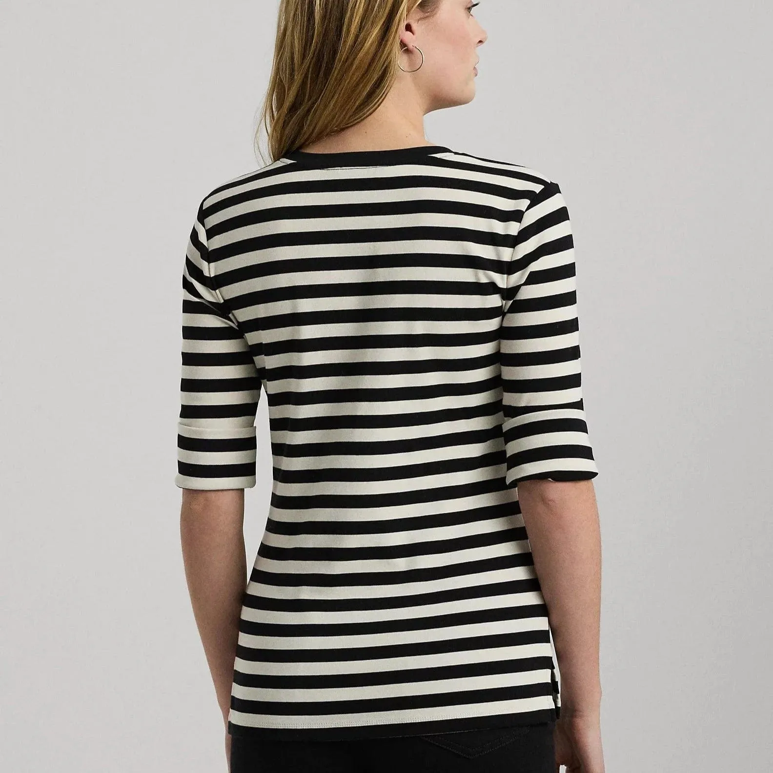 Lauren Ralph Lauren Striped Stretch Cotton Henley Tee In Black/Mascarpone Cream