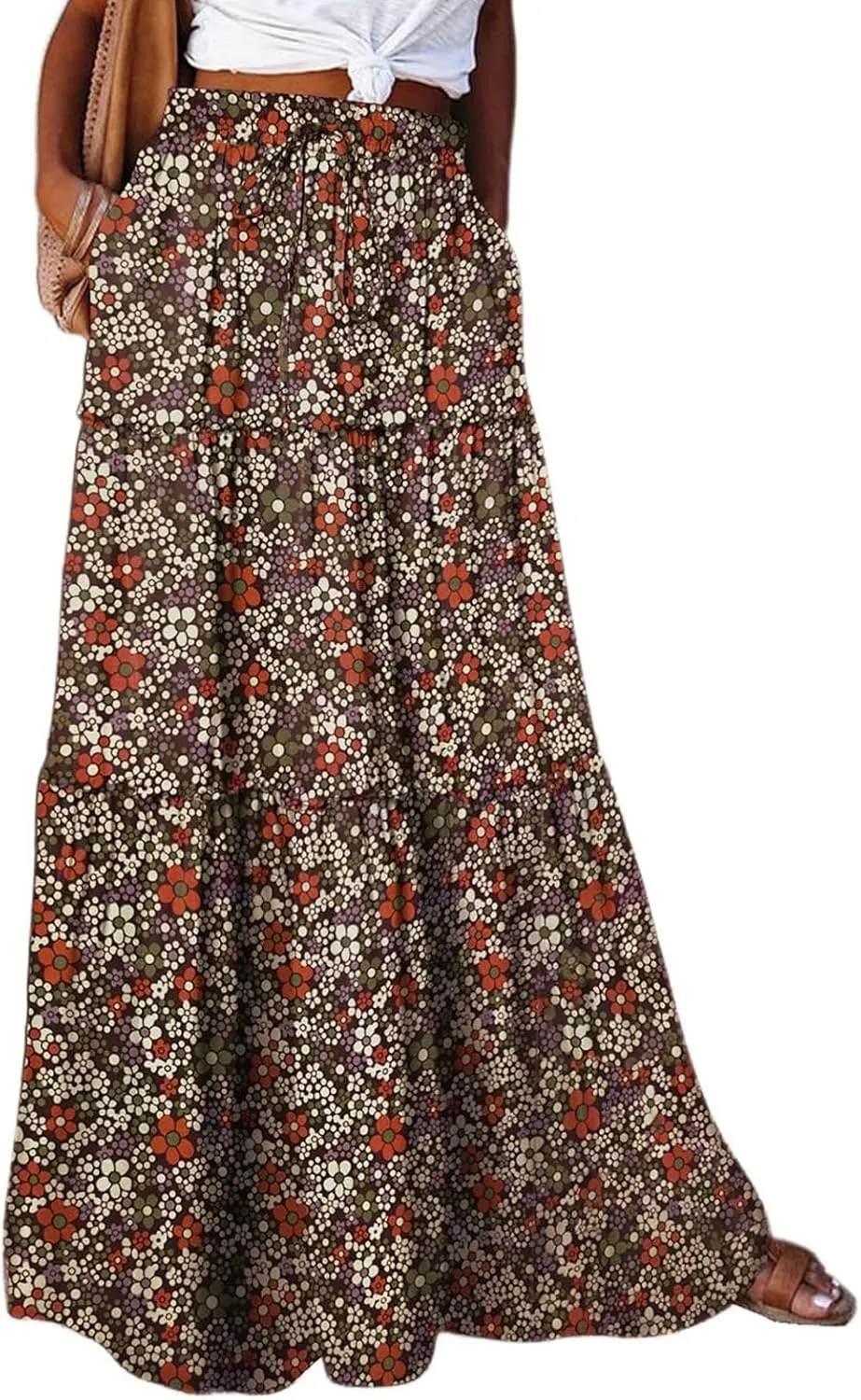 Long Skirts for Women Summer Elastic Waist Peasant Casual Festival Trendy Vacation Floral Beach Pleated Country Swing Skirts