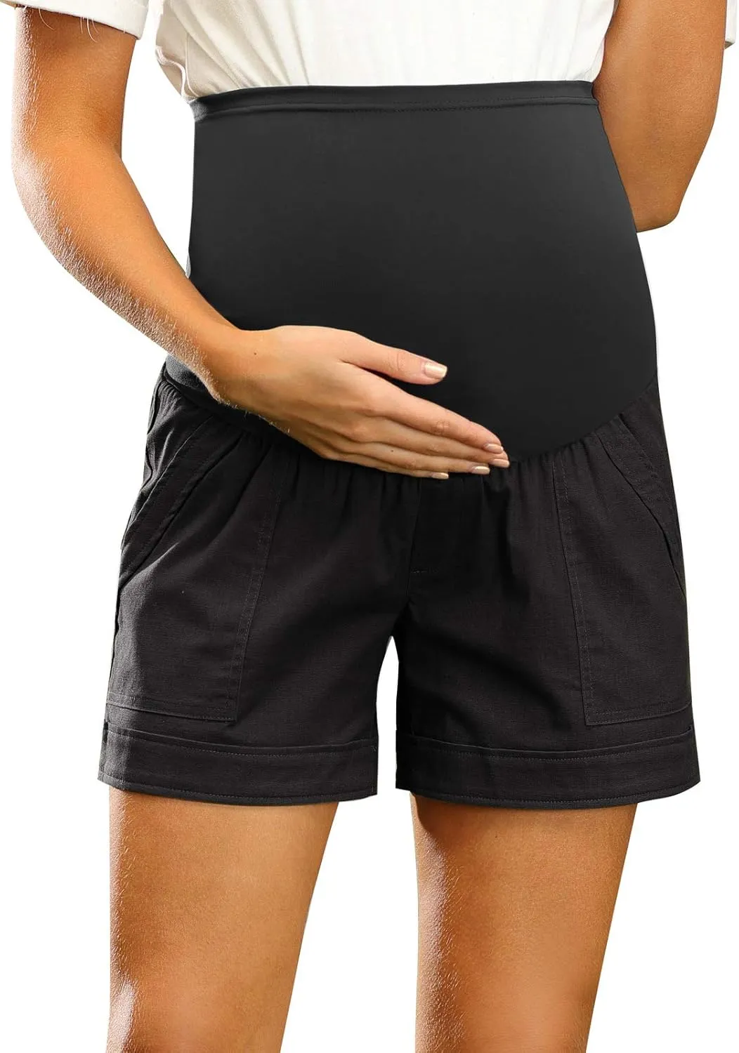Maacie Maternity Shorts Linen Cotton Comfy Shorts with Pockets Over Belly