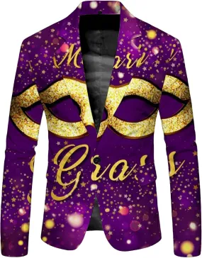 Mardi Gras Blazer for Men Stylish 3D Print Shawl Lapel Slim Fit Jacket Long Sleeve Coat Outwear for Party Dinner Festival
