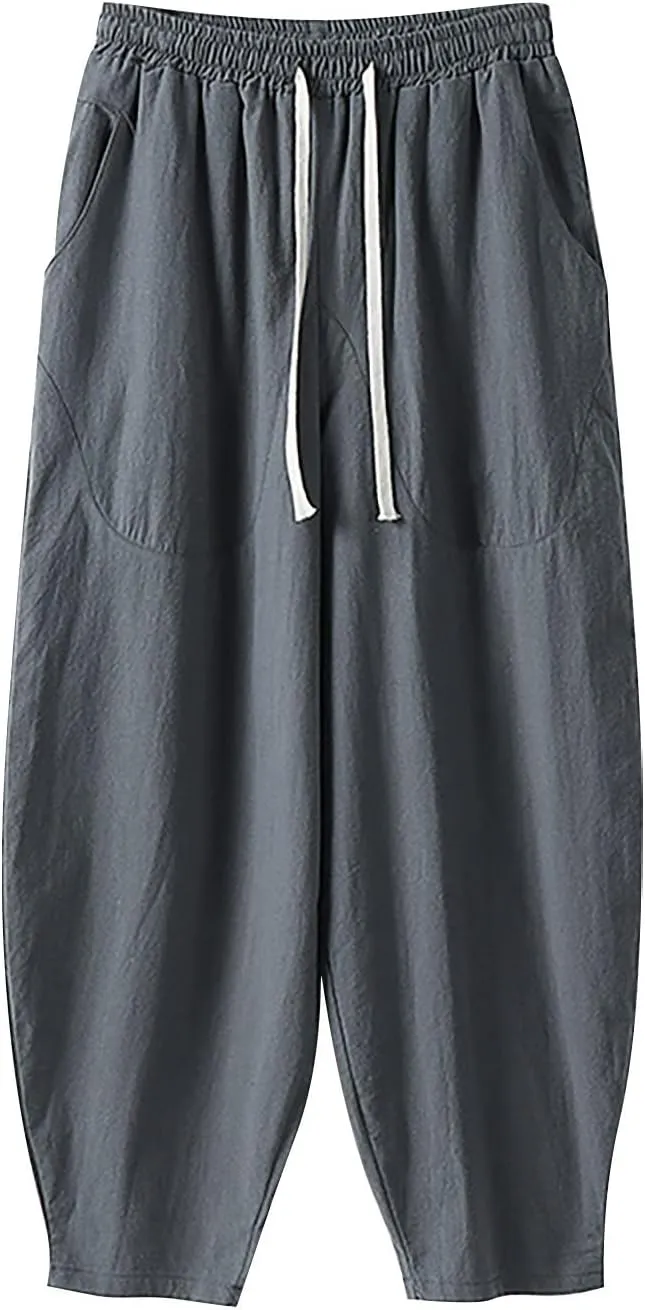 Men's Baggy Harem Pants Wide Leg Casual Pant Summer Linen Drawstring Trousers with Pockets
