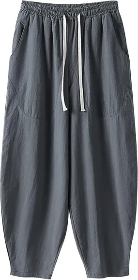 Men's Baggy Harem Pants Wide Leg Casual Pant Summer Linen Drawstring Trousers with Pockets