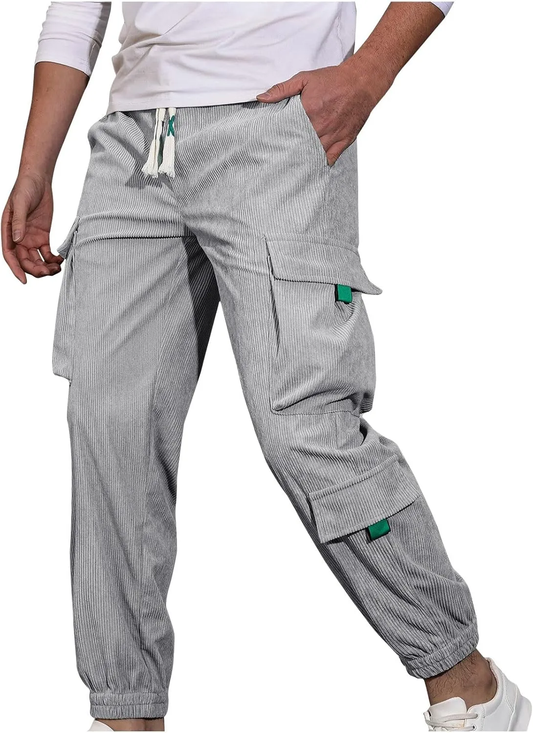 Mens Casual Cargo Pants Stylish Drawstring Athletic Joggers Pant Casual Elastic Waist Plain Cinch Bottom Sweatpants