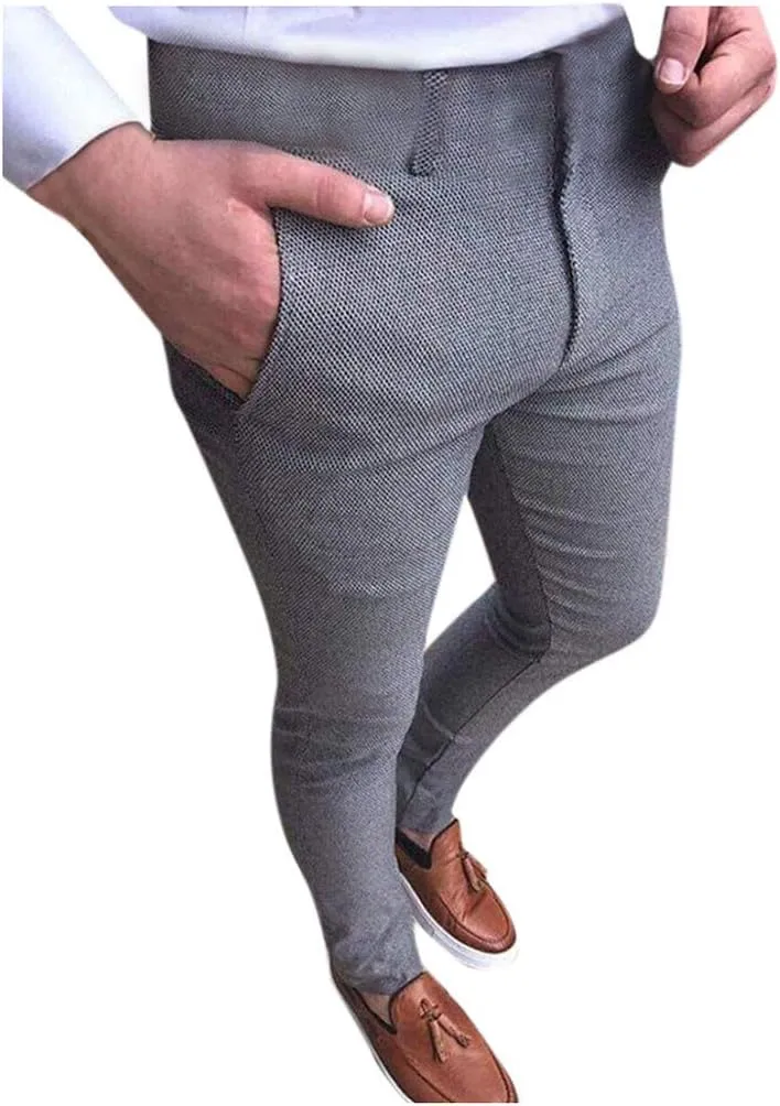 Men's Casual Plaid Dress Pants Stretch Flat-Front Suit Pant Slim Fit Ankle Length Pencil Tapered Trousers with Pockets