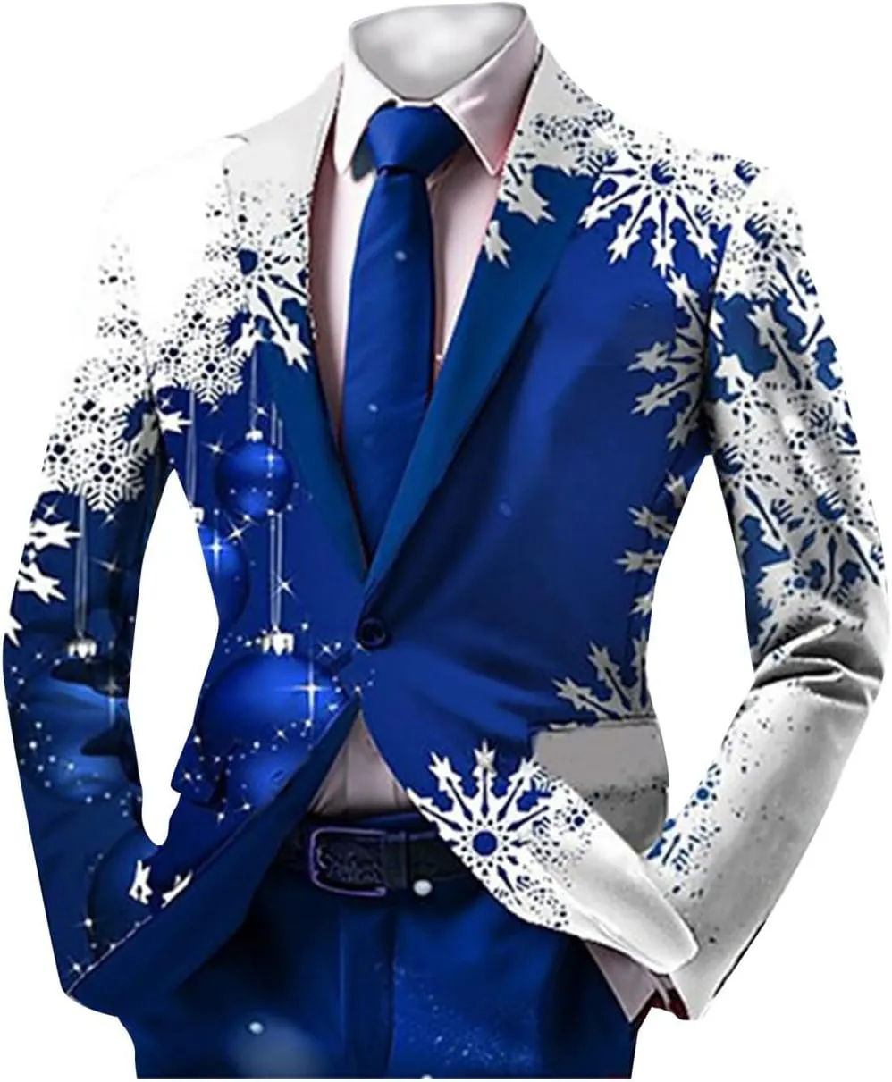 Mens Christmas Blazer Ugly Jacket Lightweight Xmas Snowflake Printed One Button Business Office Jacket Work Blazers