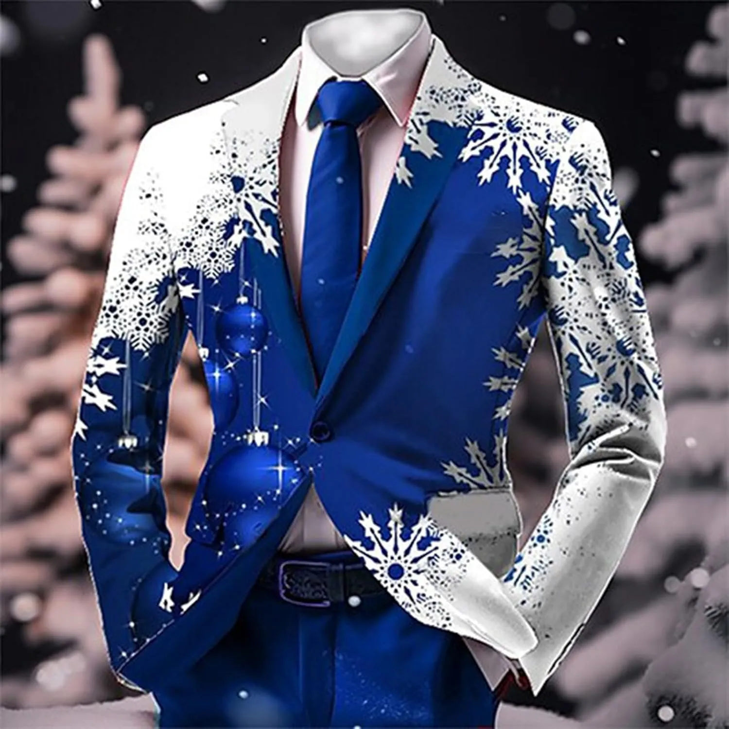 Mens Christmas Blazer Ugly Jacket Lightweight Xmas Snowflake Printed One Button Business Office Jacket Work Blazers
