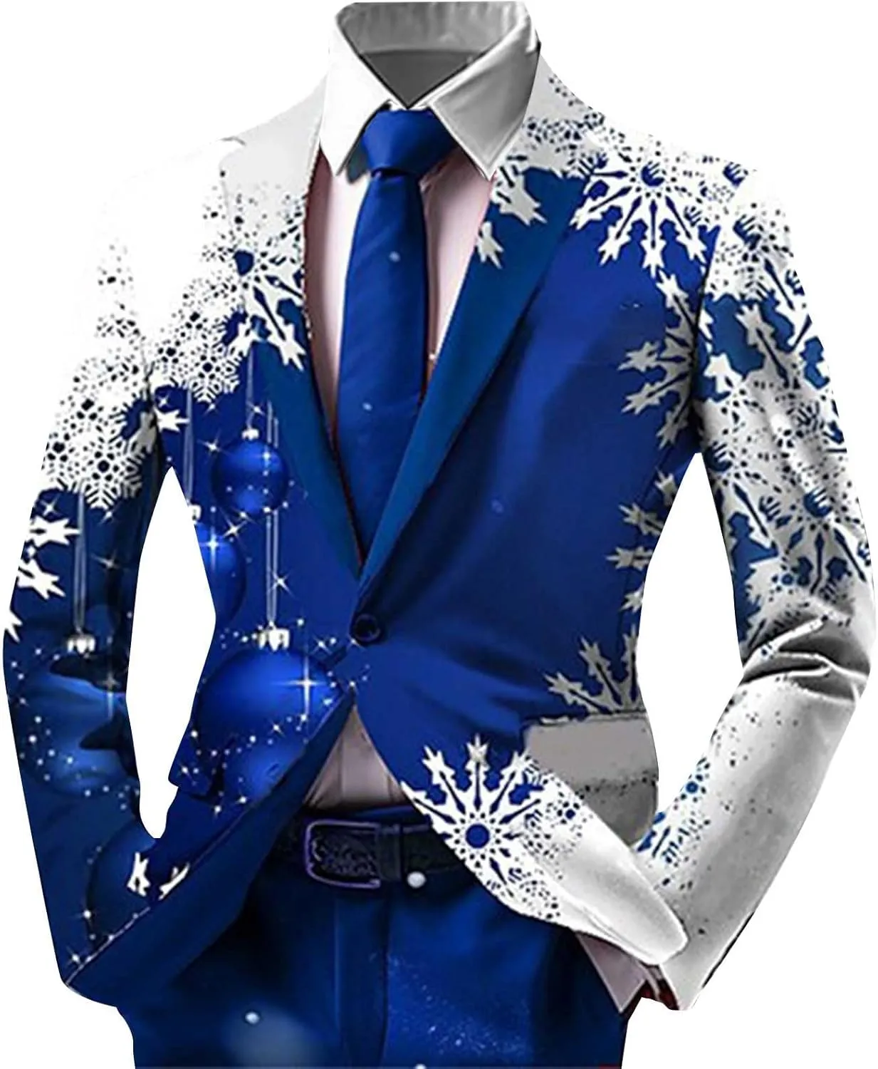 Mens Christmas Blazer Ugly Jacket Lightweight Xmas Snowflake Printed One Button Business Office Jacket Work Blazers