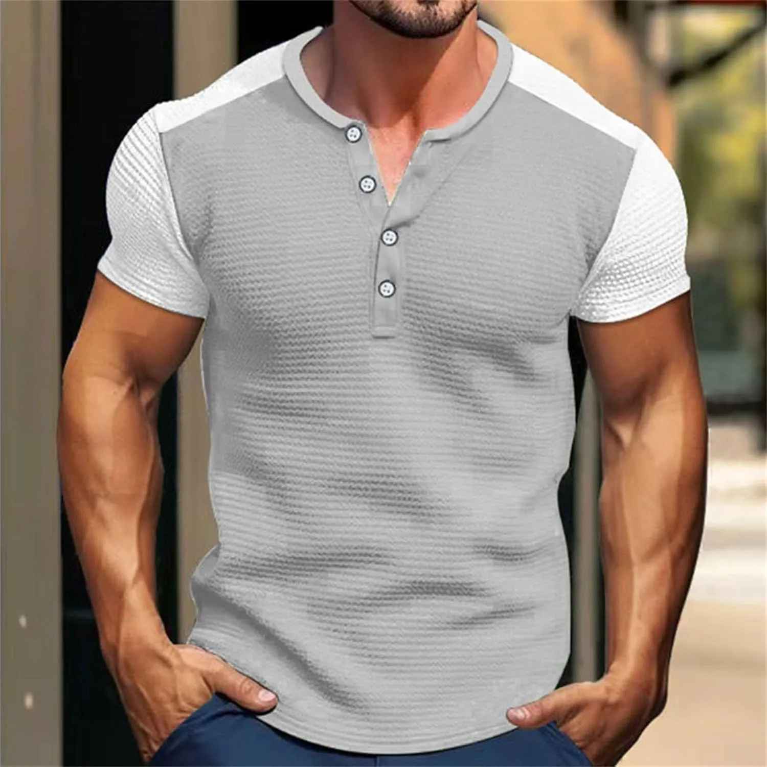 Men's Color Block Waffle Knit Henley Shirt Short Sleeve Button Down Round Neck Vacation Wear Breathable Holiday Stylish Top
