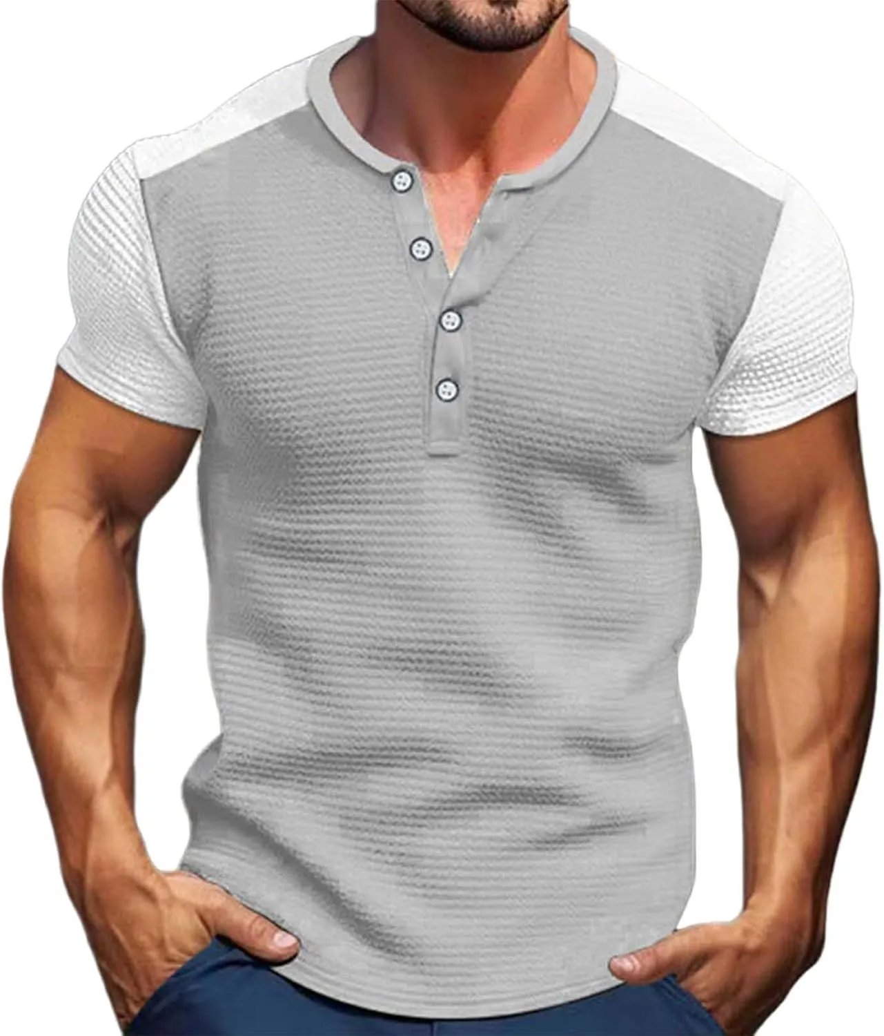 Men's Color Block Waffle Knit Henley Shirt Short Sleeve Button Down Round Neck Vacation Wear Breathable Holiday Stylish Top