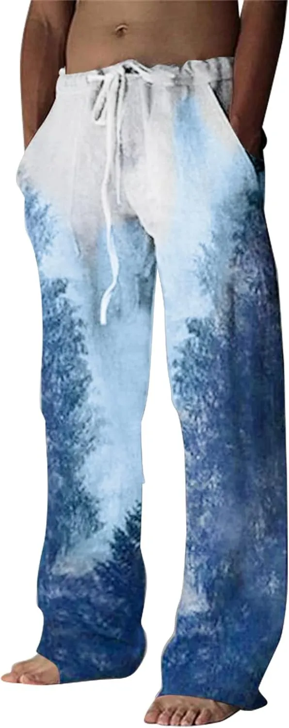 Men's Cotton Linen Pants Lightweight Straight Legs Yoga Beach Pants Elastic Waist Drawstring Casual Trouser Mens Casual Pants